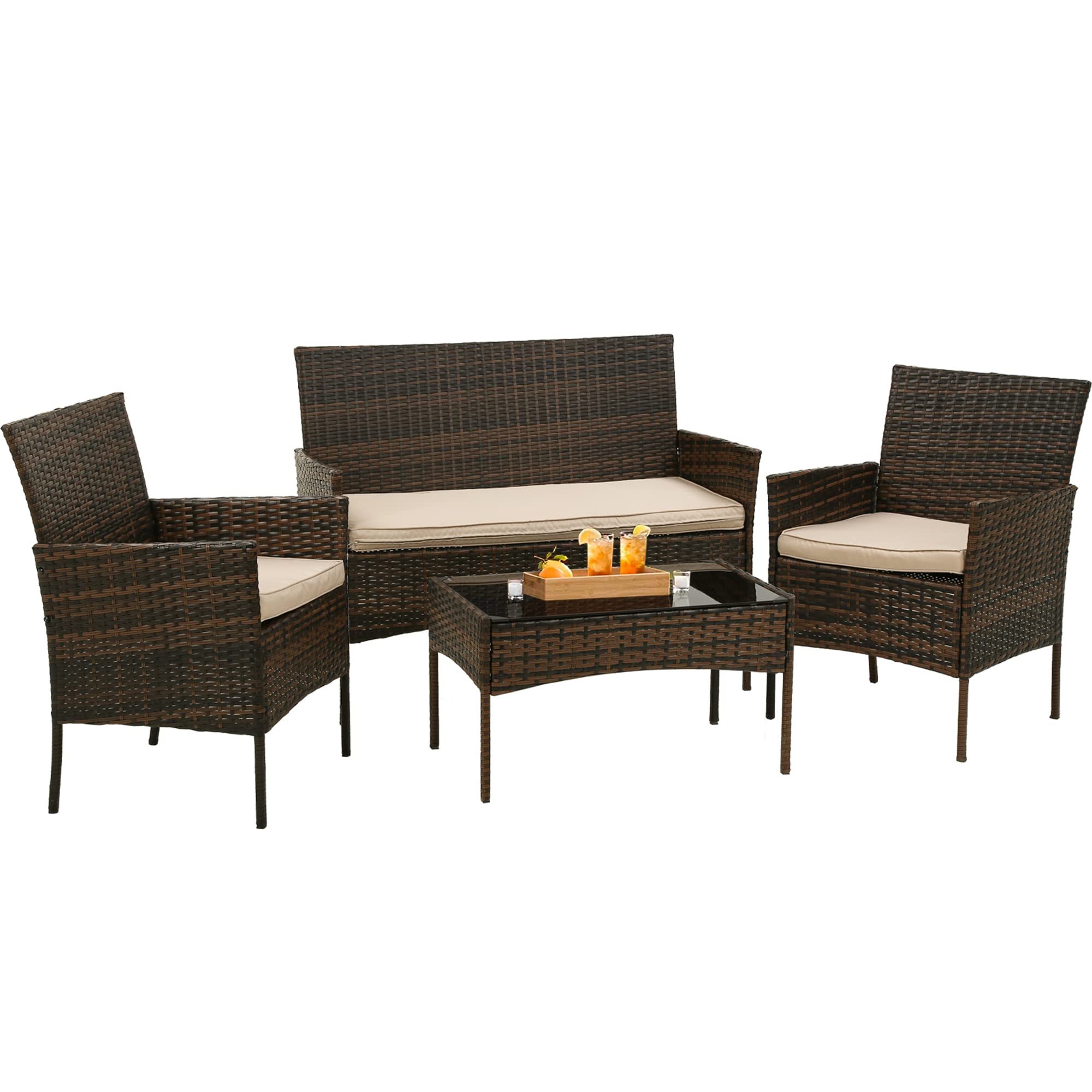 BestOffice 4-Piece Rattan Patio Furniture Set - Indoor/Outdoor Wicker Loveseat with Table & Beige Cushions - Perfect for Backyard, Garden, Porch, Balcony or Lawn Conversation Area (Brown)
