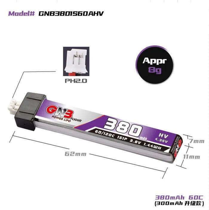 GNB/GAONENG 380mAh HV 1S Lipo Battery 60C/120C High Discharge 3.8V with PH 2.0 Connector for Tiny Whoop FPV Drones - Compatible with Blade Inductrix, Mobula6, BetaFPV (6-Pack) - Perfect for Racing, Freestyle & Indoor Flying