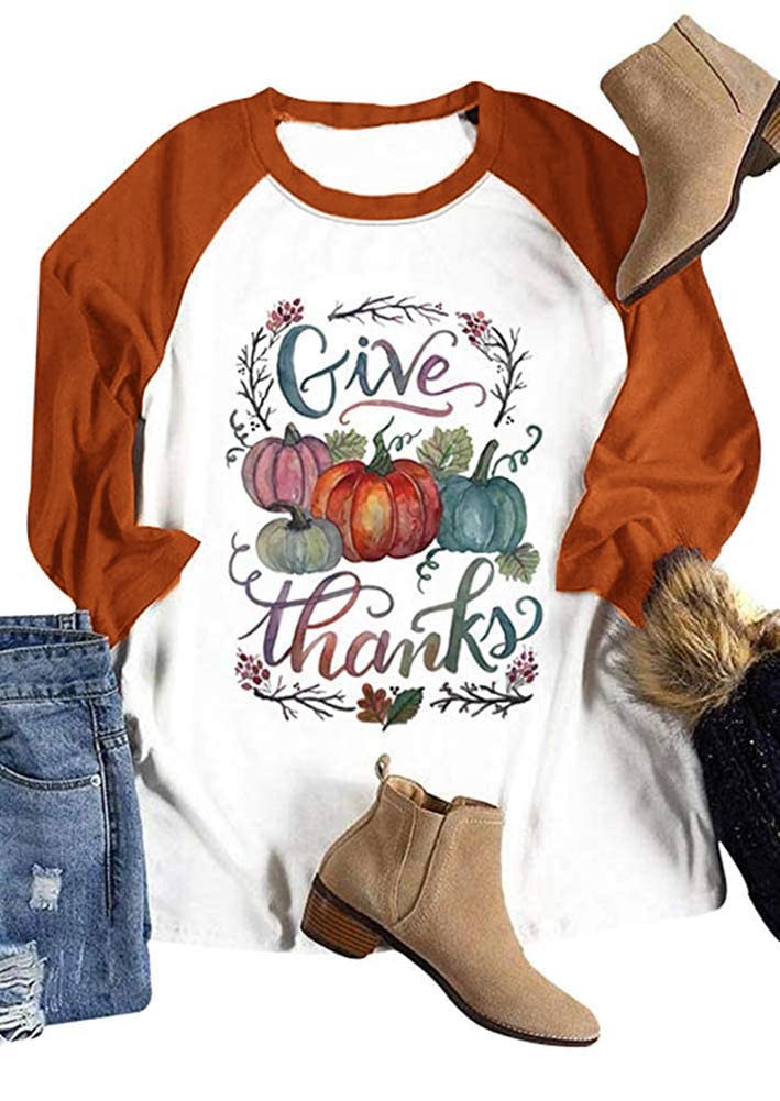 Thanksgiving Give Thanks T-Shirt for Women - Cute Halloween Pumpkin Print 3/4 Sleeve Blouse - Perfect for Fall Festivals, Family Gatherings & Holiday Parties