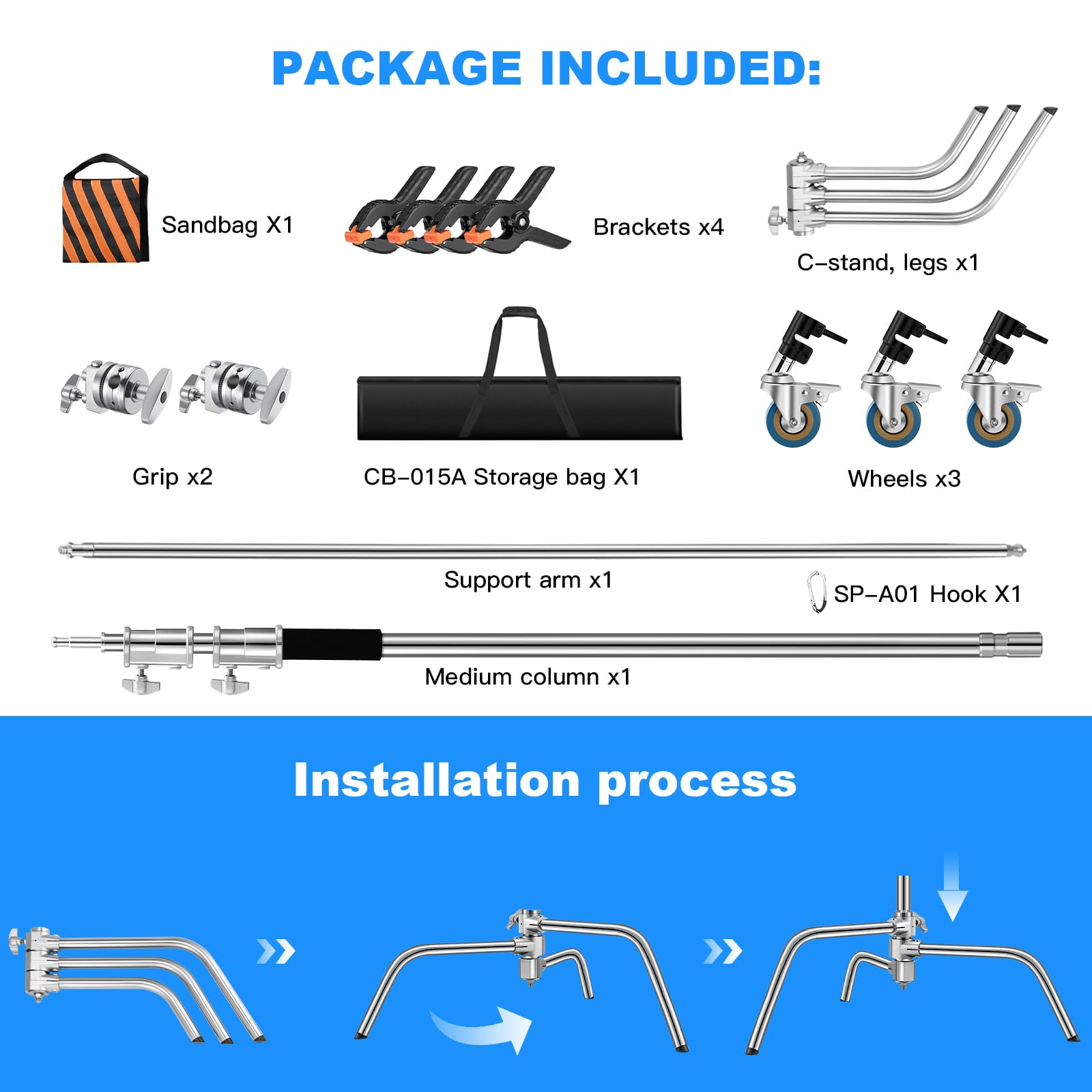 Soonpho 330cm Heavy Duty Stainless Steel C-Stand with 4.2ft Boom Arm - Professional Photography Light Stand for Studio, Reflectors & Softboxes - Spring Damping for Stable Shooting - Perfect for Video Recording, YouTube & Film Production (Silver)