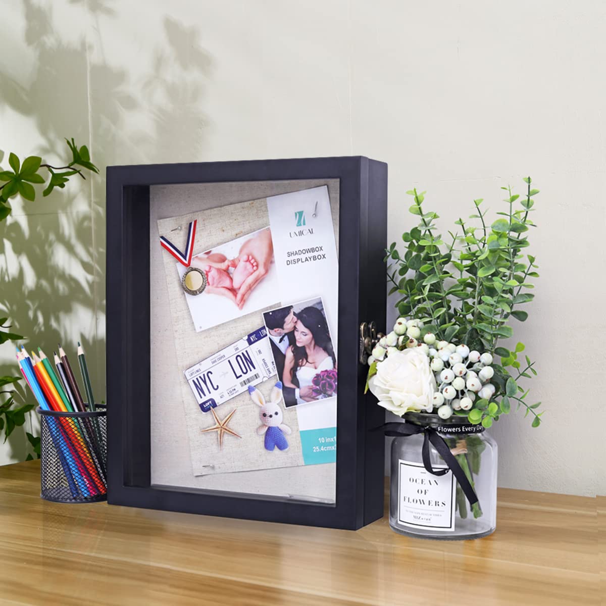 11x14 Shadow Box Display Case - Black Wood Memory Box with Linen Back & HD Plexiglass Window Door - Perfect for Keepsakes, Memorabilia, Wedding Favors, and Home Decor Display
