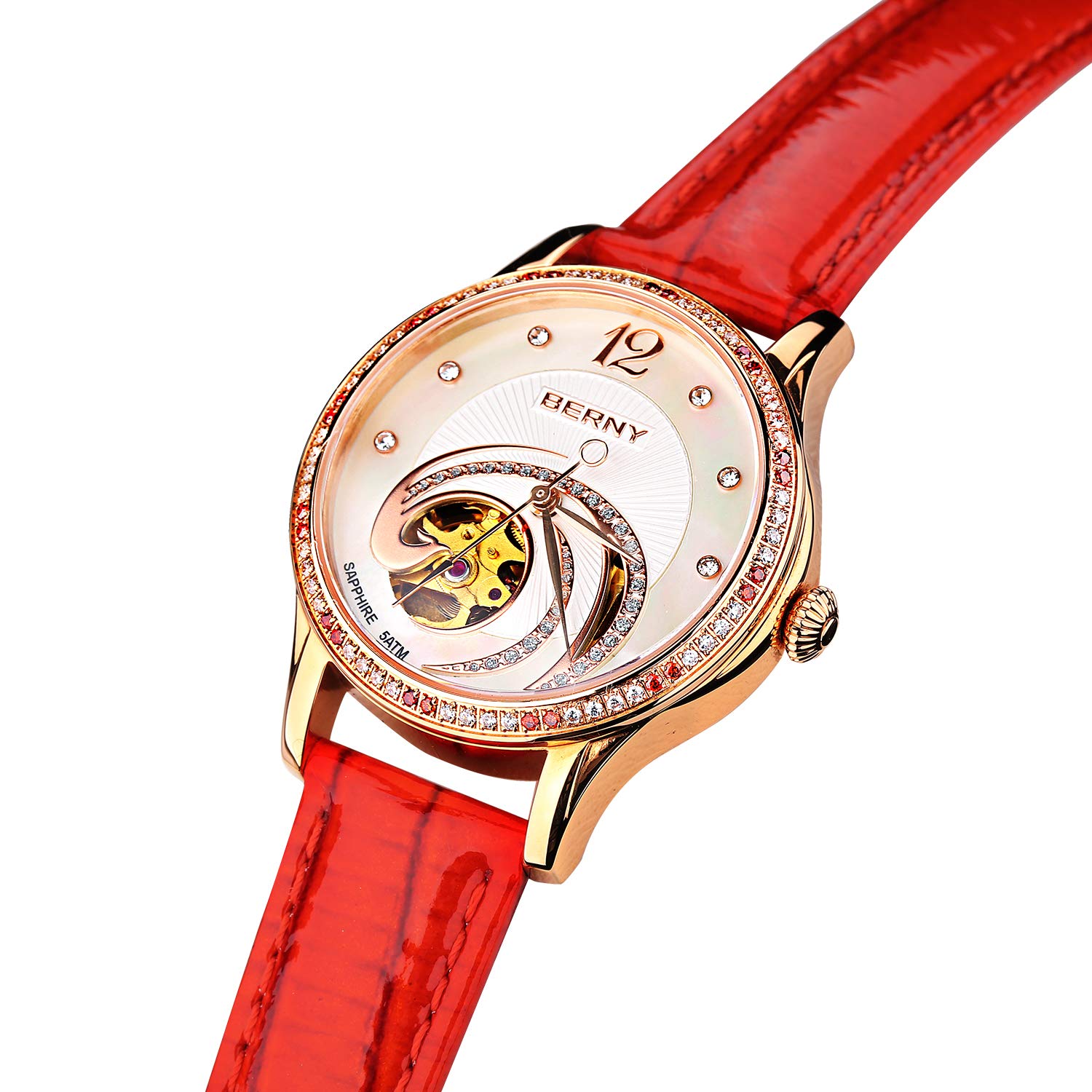 BERNY 18K Gold Women's Automatic Watch - Phoenix Series Small Dial Luxury Wristwatch (Red) | Elegant Dress Watch for Business, Party & Special Occasions