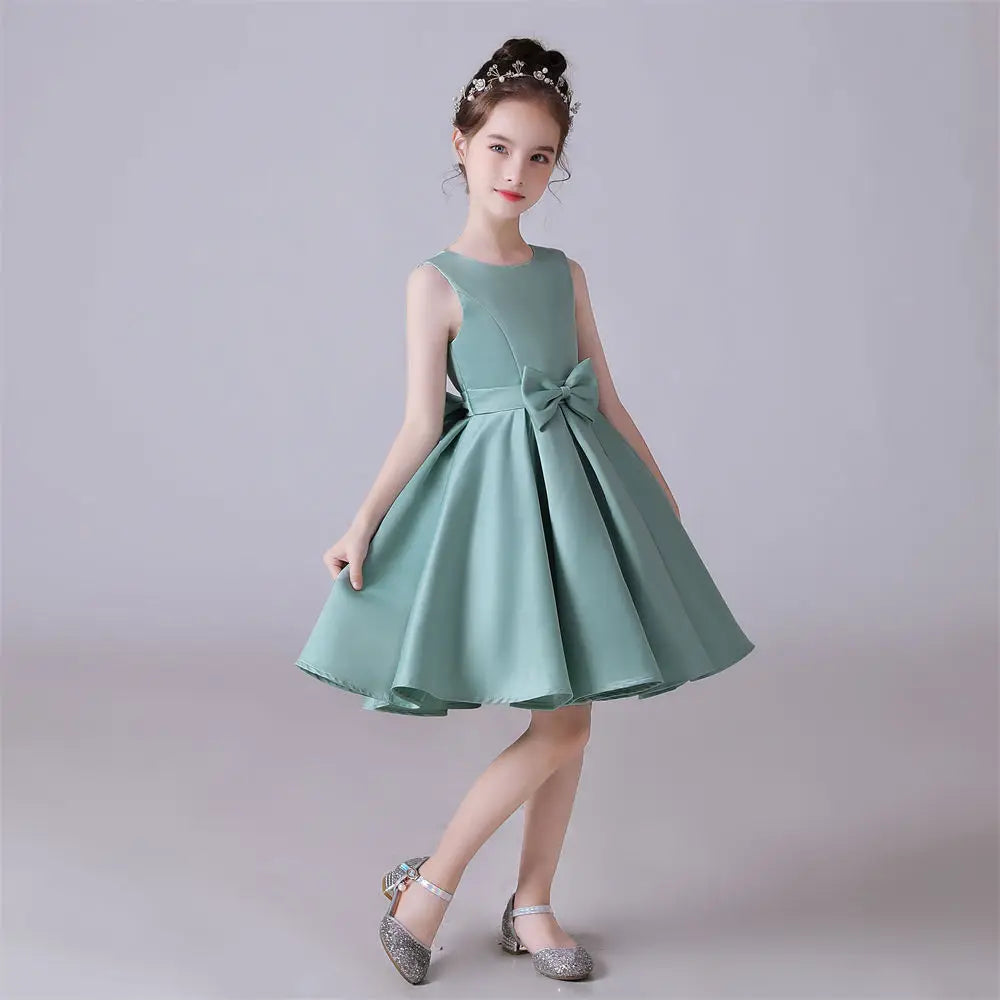 Girls Sleeveless Satin Bow Flower Princess Dress - Elegant O-Neck Party Gown for Birthday, Flower Girl, Pageant & Special Occasions