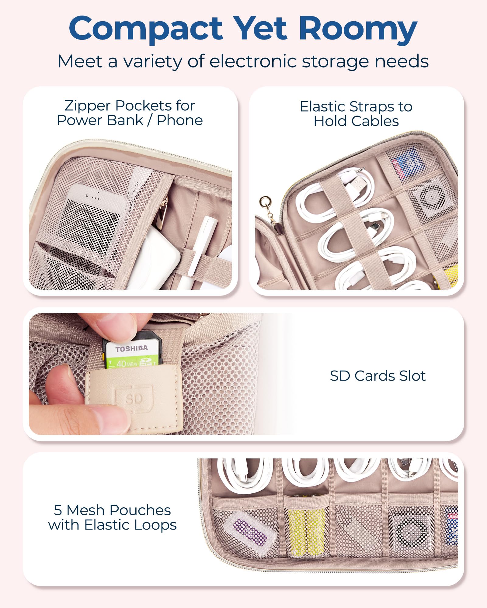 BAGSMART Travel Electronics Organizer Case - Waterproof Cable Storage Bag for Phone Charger, SD Card, USB Cables | Perfect Tech Accessories for Women & Men | Ideal for Business Trips, Vacations, Airplane Travel