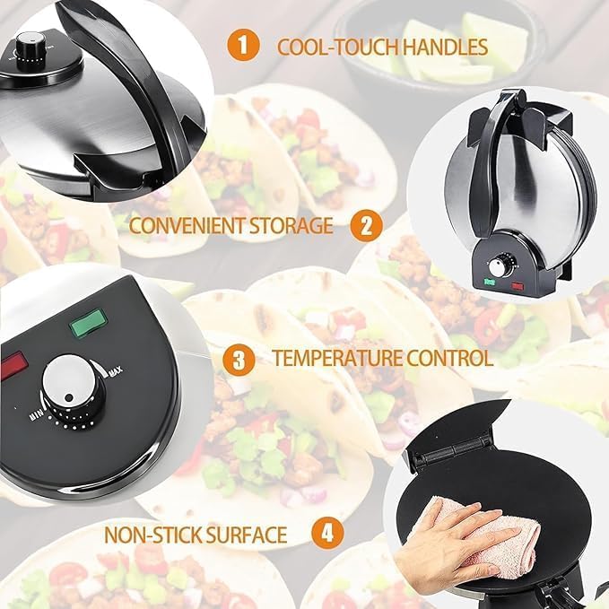 Electric Tortilla Maker Machine - 1500W Automatic Roti & Taco Press, 10 Inch Cast Iron Tortilla Press for Home & Restaurant Use - Perfect for Making Roti, Chapati, Naan & Mexican Dishes