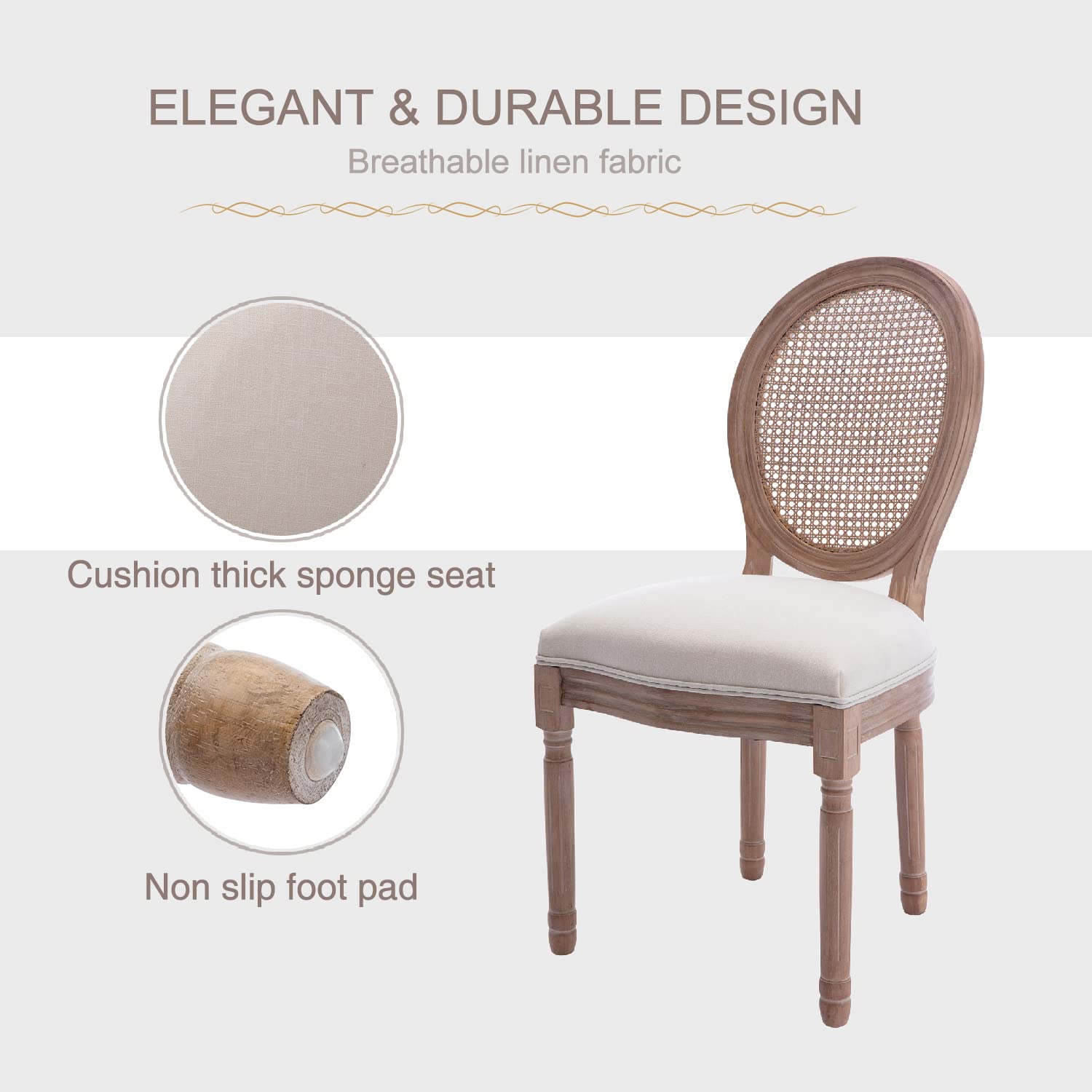 Virabit French Dining Chairs Set of 4 - Rattan Farmhouse Upholstered Chairs with Curved Backrest & Carved Solid Wood Frame - Elegant Seating for Living Room, Kitchen, Restaurant, Cafe, and Outdoor Dining Areas