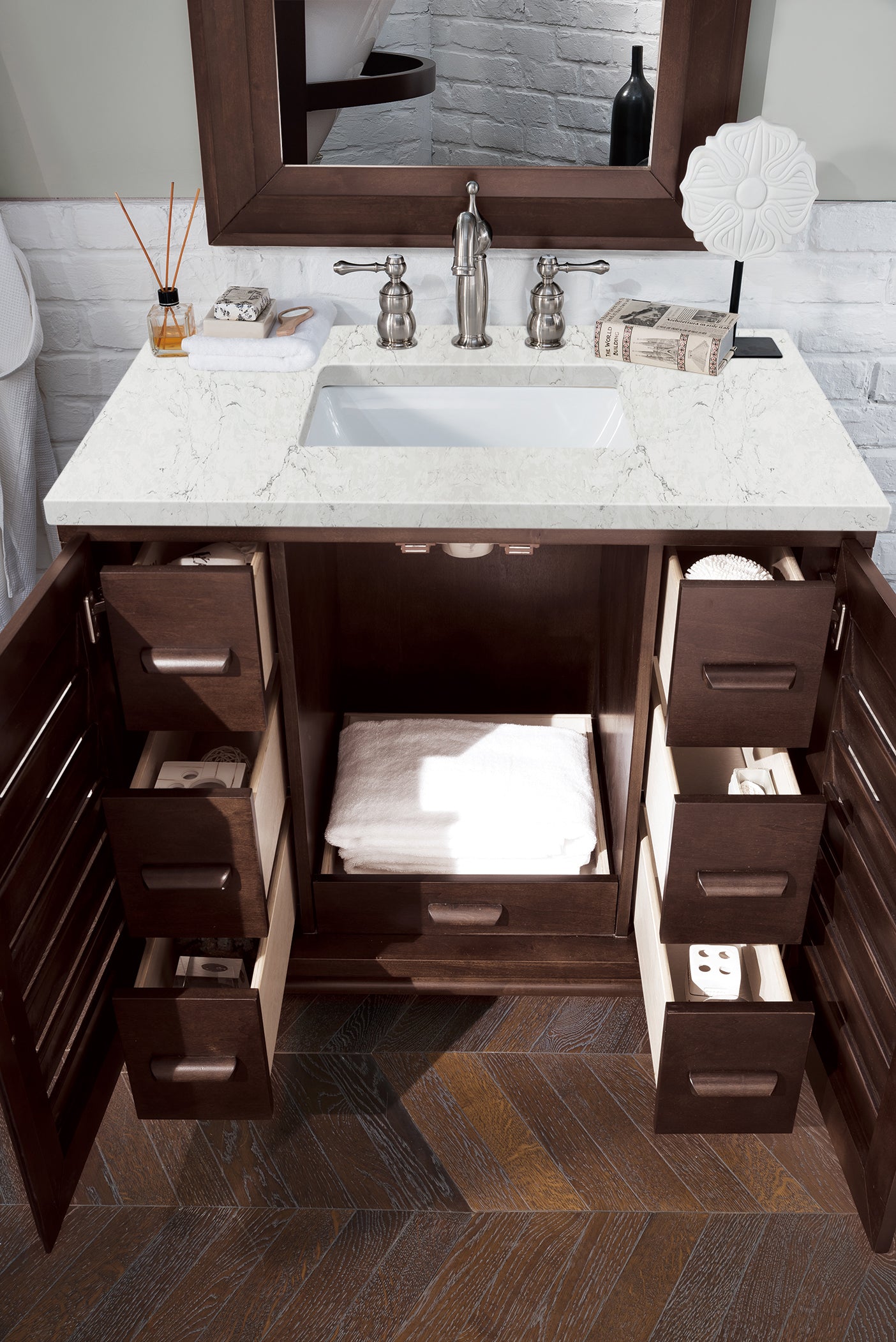 Portland 36 Inch Single Bathroom Vanity with Burnished Mahogany Finish & 3CM Eternal Jasmine Pearl Quartz Countertop - Perfect for Modern Master Bathrooms and Powder Rooms