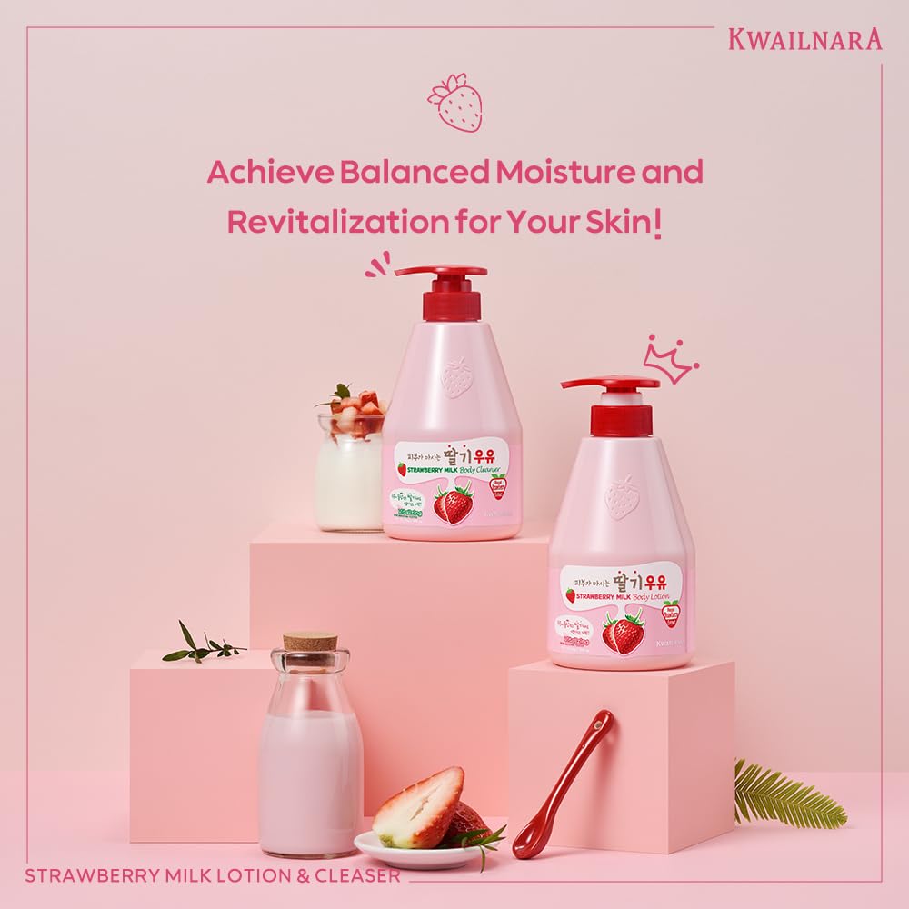 WELCOS KWAILNARA Strawberry Milk Body Wash & Lotion Set - 560g (19.75oz) Each - Moisturizing & Nourishing for Soft Skin - Perfect for Daily Shower & Skincare Routine