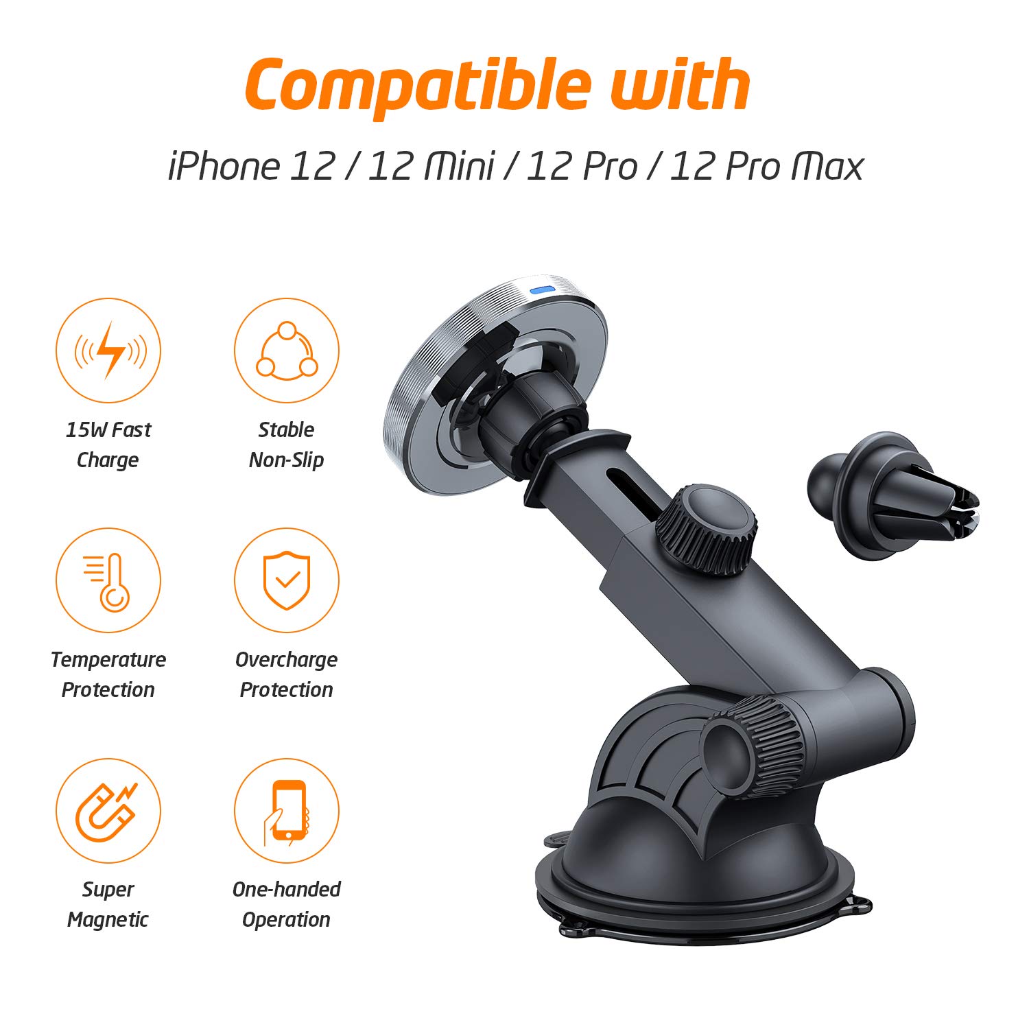 WixGear 15W Fast Wireless Magnetic Car Charger for iPhone 13/12 Series - Auto Alignment, Air Vent & Dashboard Mount - Perfect for Commuting, Road Trips & Hands-Free Charging