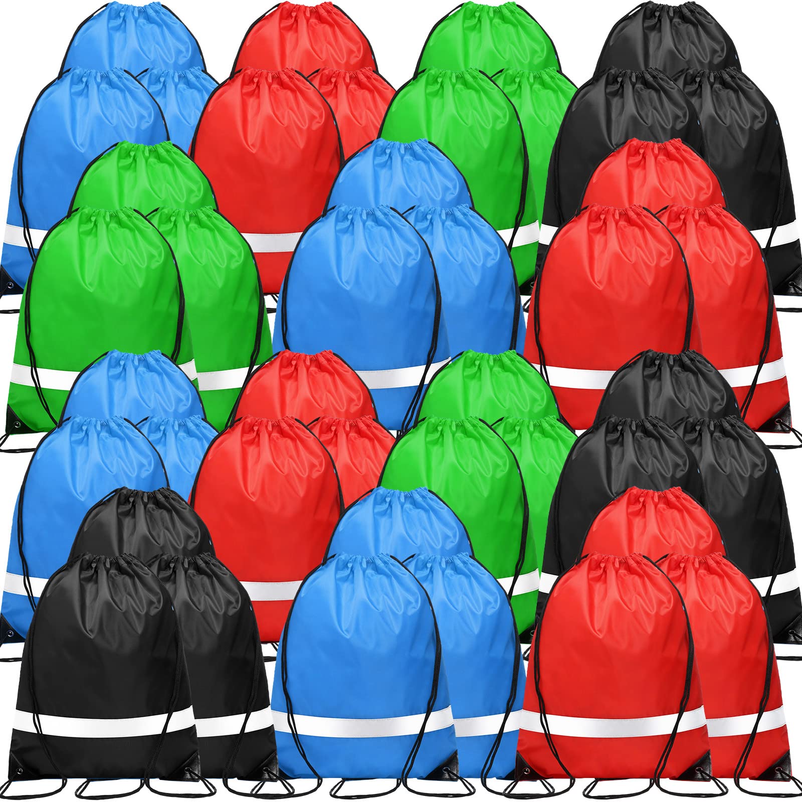 40 Pack Reflective Drawstring Backpacks - Waterproof Sports Gym Bags for Kids, Men & Women - Bulk Cinch Sack for Running, Hiking & Travel (Black, Green, Red, Blue) - Perfect for School, Gym & Outdoor Activities