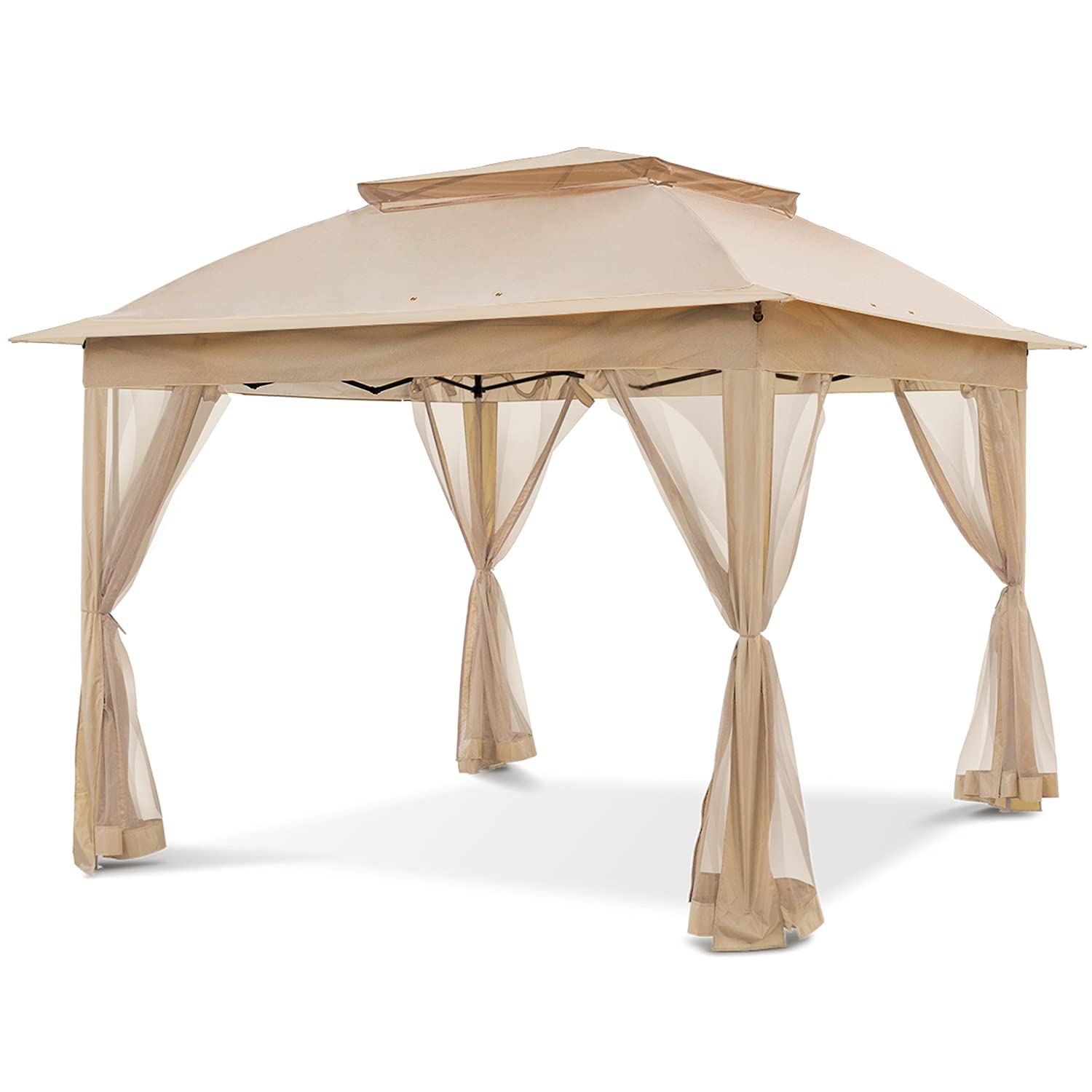 COOS BAY 11x11 Pop-Up Instant Gazebo Tent with Mosquito Netting - Outdoor Canopy Shelter with 121 Sq Ft Shade (Khaki) - Perfect for Backyard, Patio, Camping & Picnic