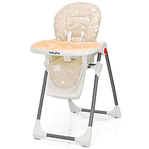 Baby Joy Foldable High Chair for Infants & Toddlers - Adjustable Height, 5-Point Safety Harness, Removable Dishwasher-Safe Tray, Wheels & Detachable Cushion - Perfect for Dining, Feeding & Playtime at Home or Restaurant (Beige)