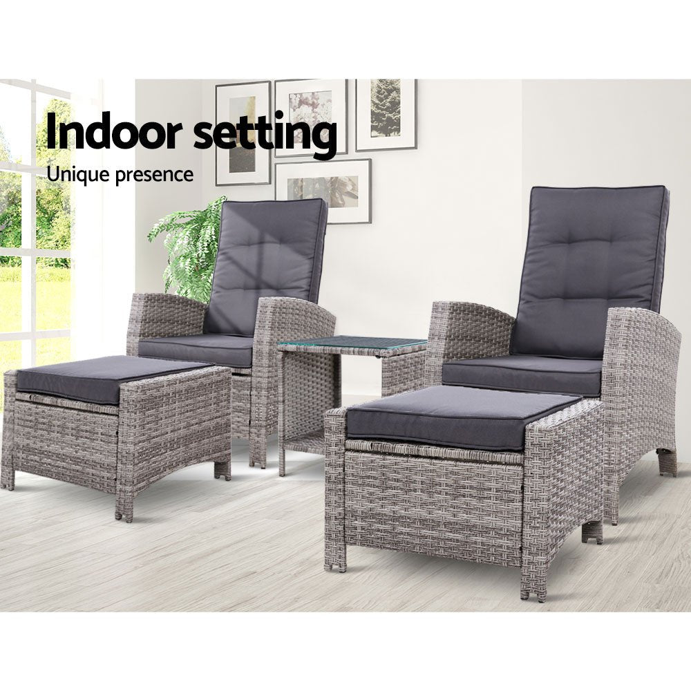 5-Piece Elise Outdoor Recliner Chair Set with Ottoman & Side Table - Grey Patio Furniture for Backyard, Poolside, or Garden Relaxation