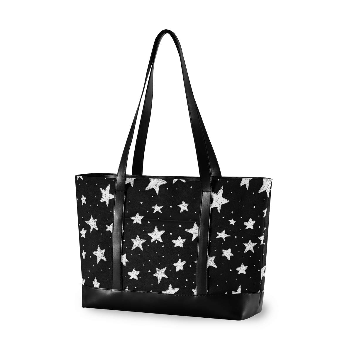 ALAZA Doodle Stars Black and White Laptop Tote Bag for Women - Lightweight Canvas Leather Shoulder Bag Fits 15.6 Inch Laptop - Perfect for Work, School, and Travel