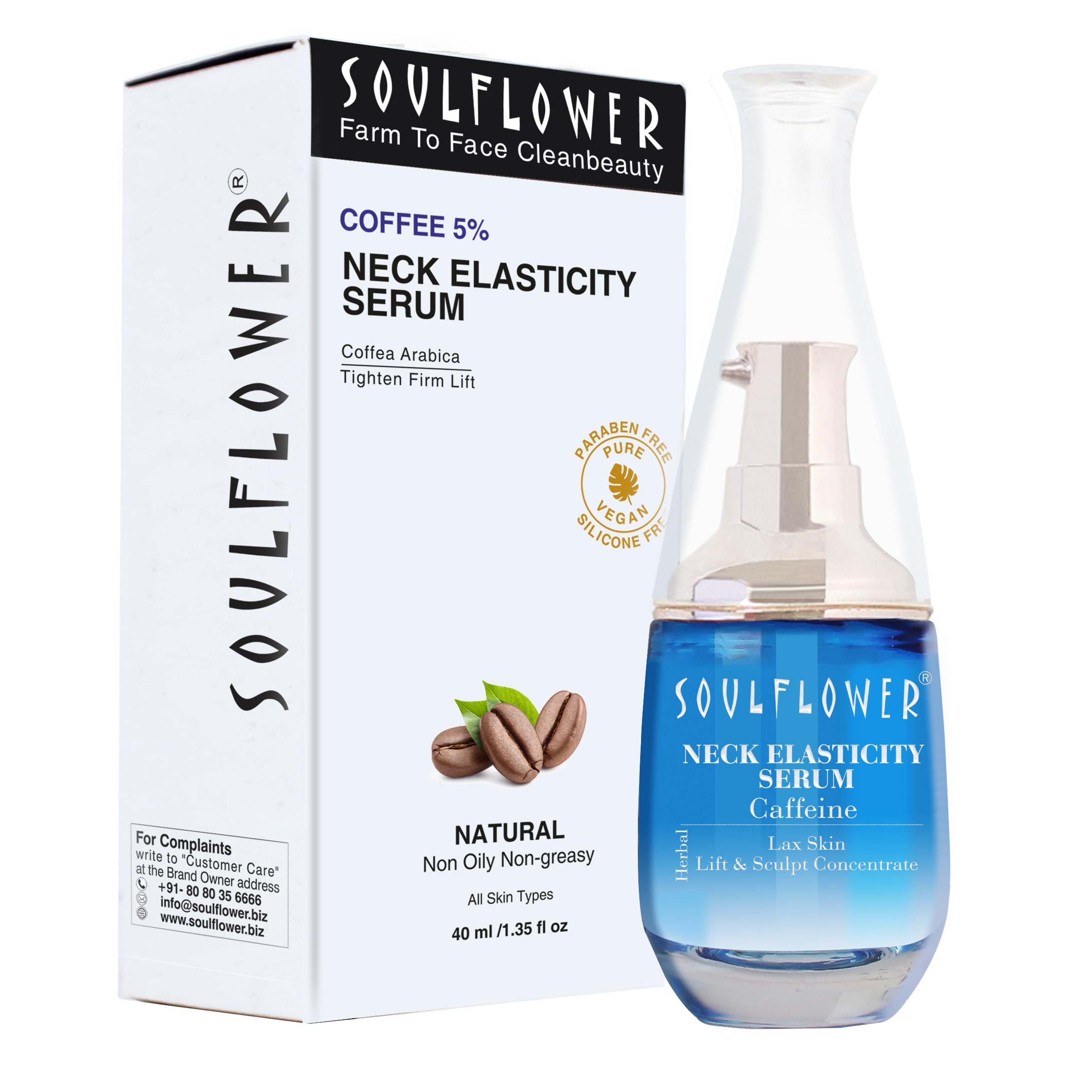Soulflower Coffee 5% Neck Firming Serum - Anti-Aging Collagen Booster for Face & Neck | Skin Tightening & Volume Restoration | 40ml for Men & Women | Perfect for Daily Skincare Routine & Nighttime Rejuvenation