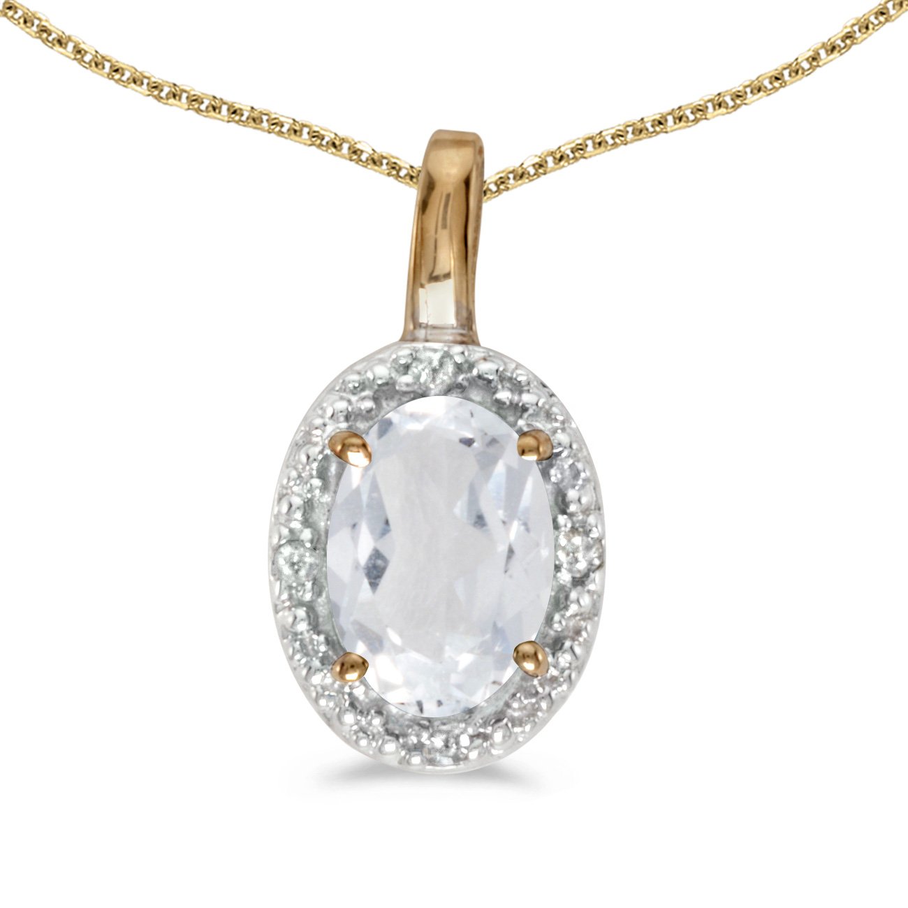 10K Yellow Gold Oval White Topaz and Diamond Pendant Necklace with 18