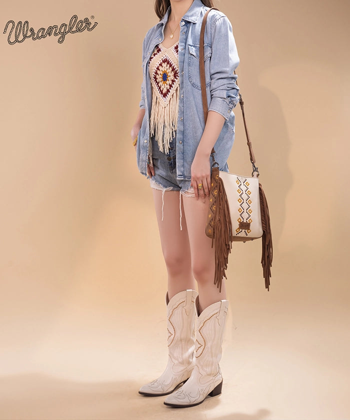Wrangler Aztec Embroidered Fringe Crossbody Bag for Women - Boho Chic Handbag Perfect for Music Festivals & Everyday Use