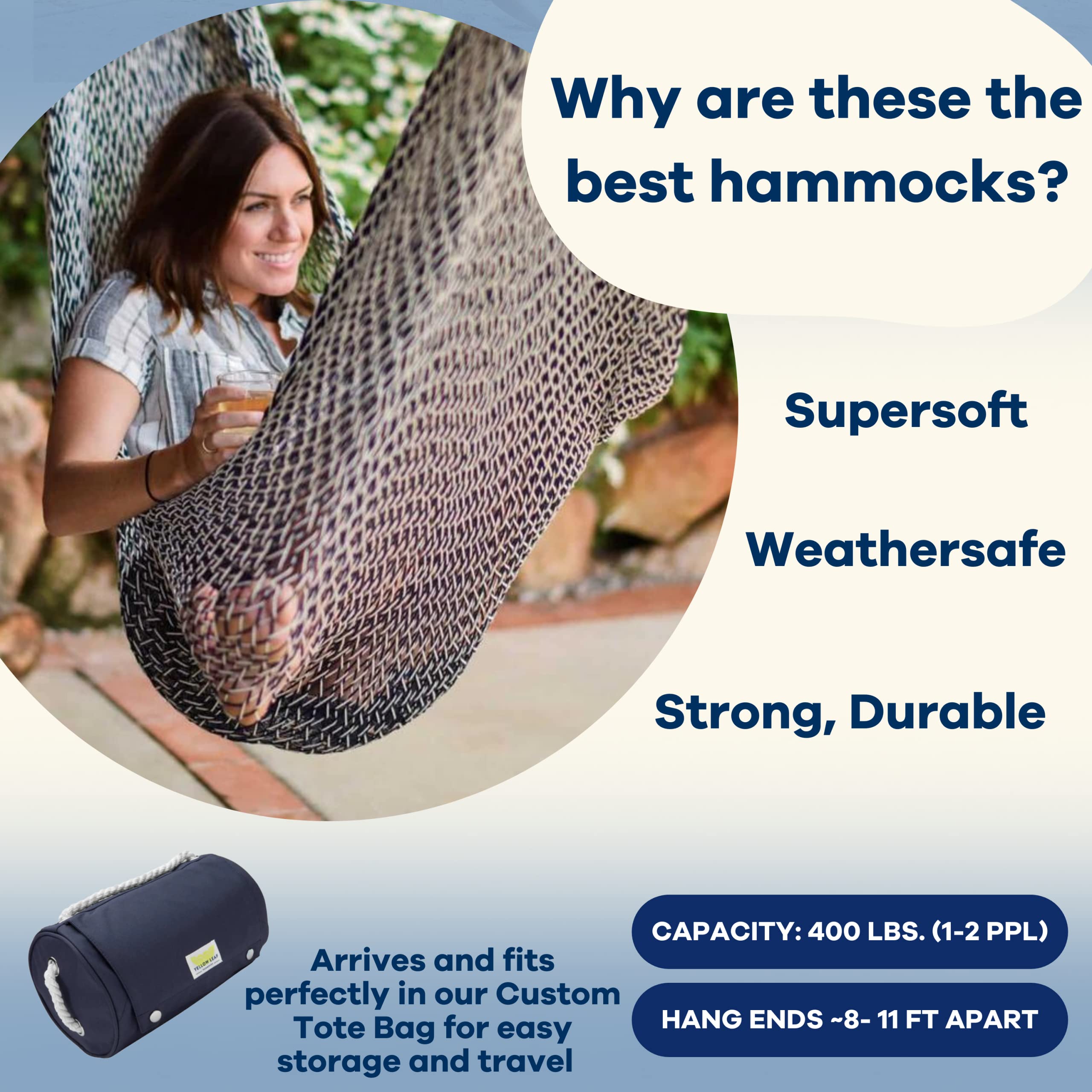 Premium Handwoven Cotton Rope Hammock - Double Size for 2 People (400lb Capacity) - 100% Natural & Eco-Friendly - Artisan Made Hanging Bed - Navy Blue & Off White - Perfect for Backyard, Beach, Camping & Patio Relaxation