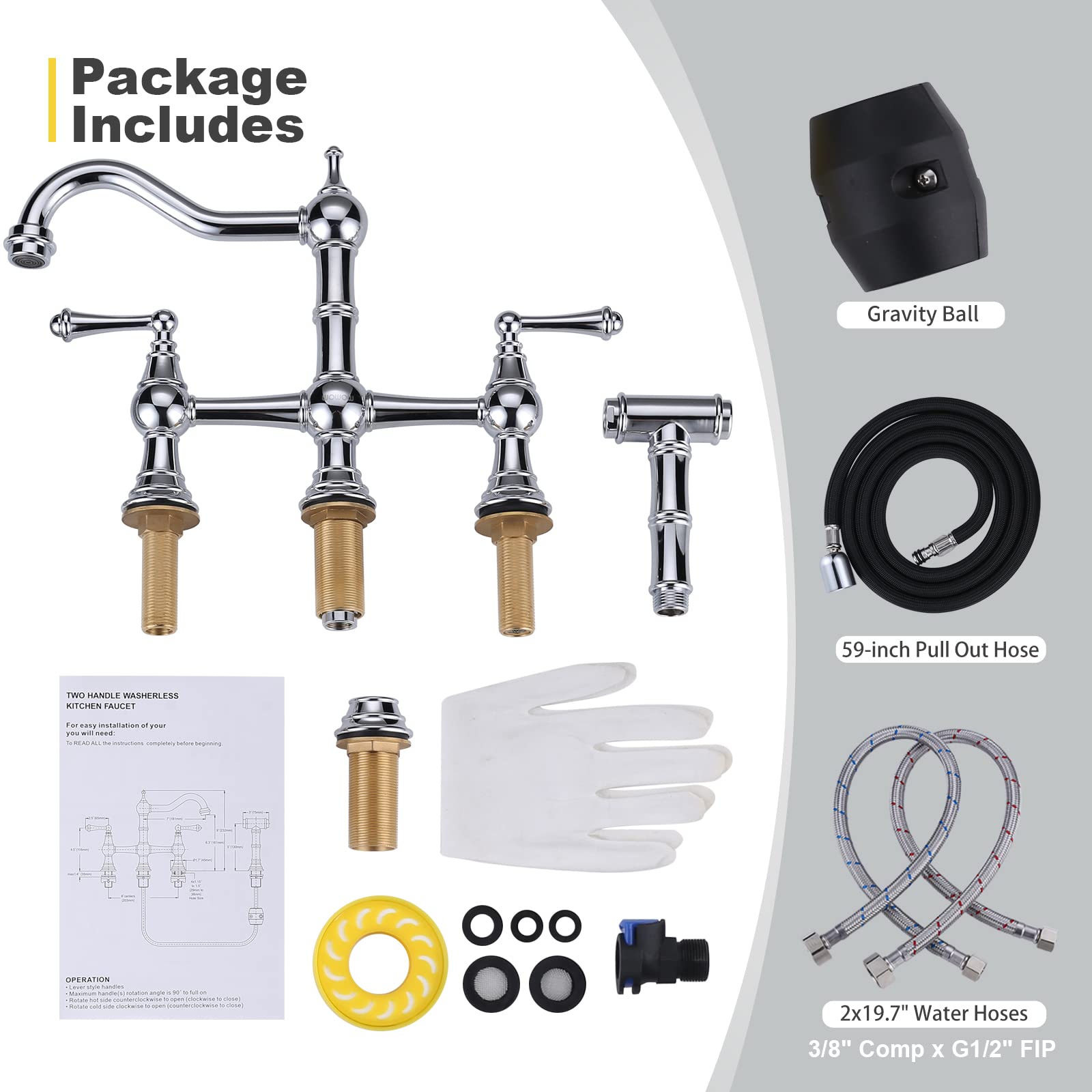 WOWOW 4-Hole Centerset Kitchen Faucet with Pull-Out Sprayer - 8 Inch Brass Bridge Faucet with 2 Handles - Vintage Farmhouse Chrome Sink Faucet for Modern & Rustic Kitchens