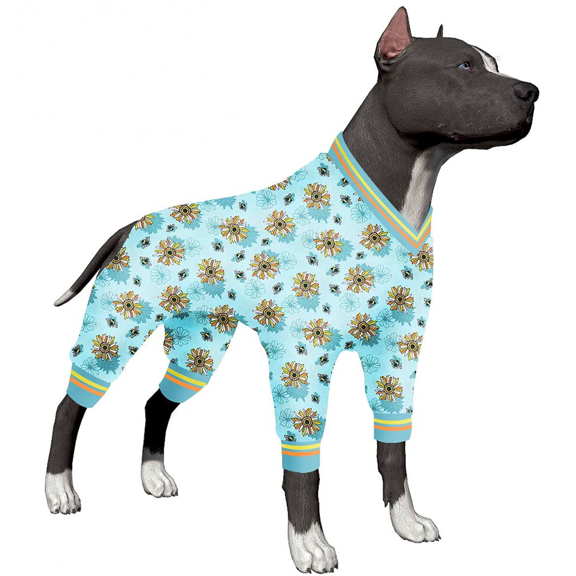 LovinPet Large Dog Pajamas - Anti-Anxiety & Post-Surgery Recovery Suit, Breathable Dog Sweater with Blue Floral Print - Perfect for Pitbulls & Big Dogs (Ideal for Calming Pets, Preventing Licking, and Recovery After Vet Procedures)