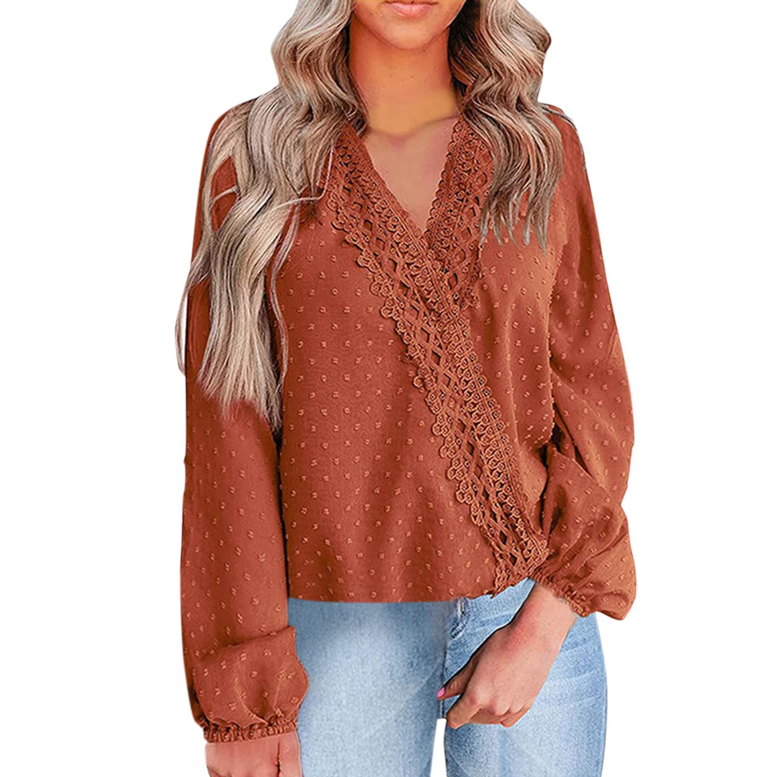 Elegant Women's Lace Trim Tunic Top - Long Sleeve V-Neck Jacquard Blouse with Pom Pom Details - Vintage Loose Flowy Tee for Casual Wear, Office Outfits & Date Nights