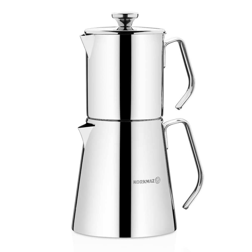 Korkmaz A225 Aqua Turkish Teapot Set - 18/10 Stainless Steel Double French Press Samovar Tea Kettle with Metal Handles (30oz/900ml & 50oz/1500ml) - Perfect for Turkish Coffee, Tea Brewing & Home Kitchen Decor