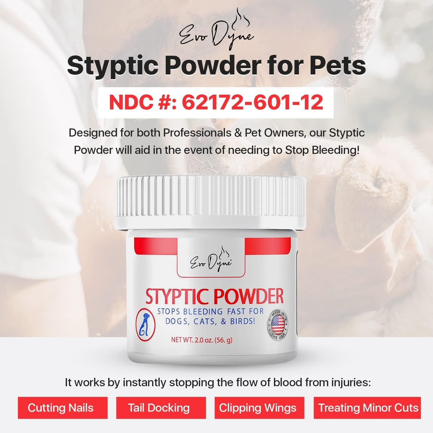 Evo Dyne 2-Pack Styptic Powder for Dogs, Cats & Birds (2 oz) | Fast-Acting Pet Blood Stop Powder | Quick Stop Bleeding Solution for Nail Clipping, Grooming, Cuts & Wounds | Perfect for Home Pet Care & Emergency First Aid