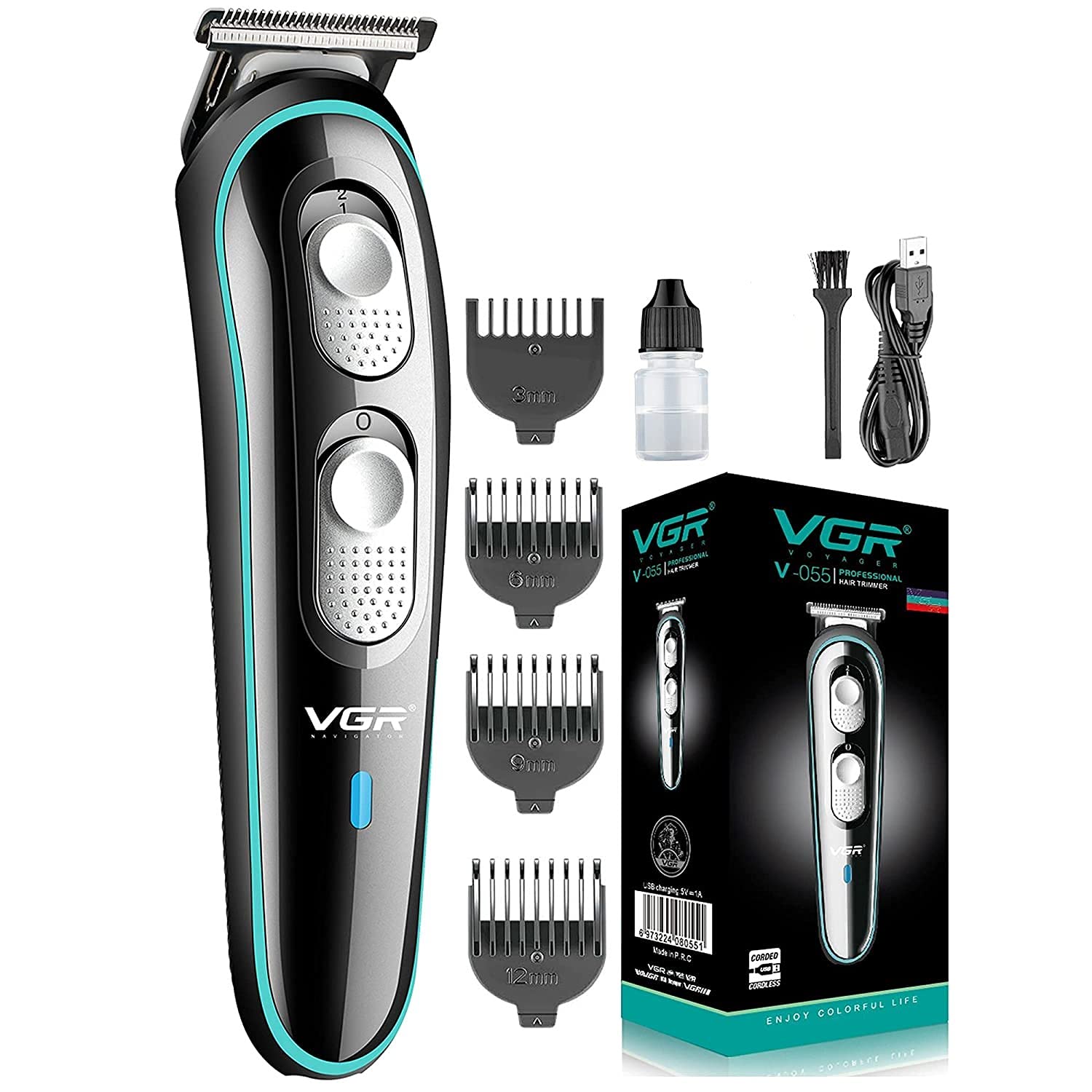 Professional Cordless Beard & Hair Trimmer Kit for Men - VGR V-055 Wireless Grooming Trimmer with 4 Guide Combs, Brush & USB Charging Cable - Rechargeable Li-ion Battery (120 Min Runtime) - Black - Perfect for Home, Travel & Pet Grooming