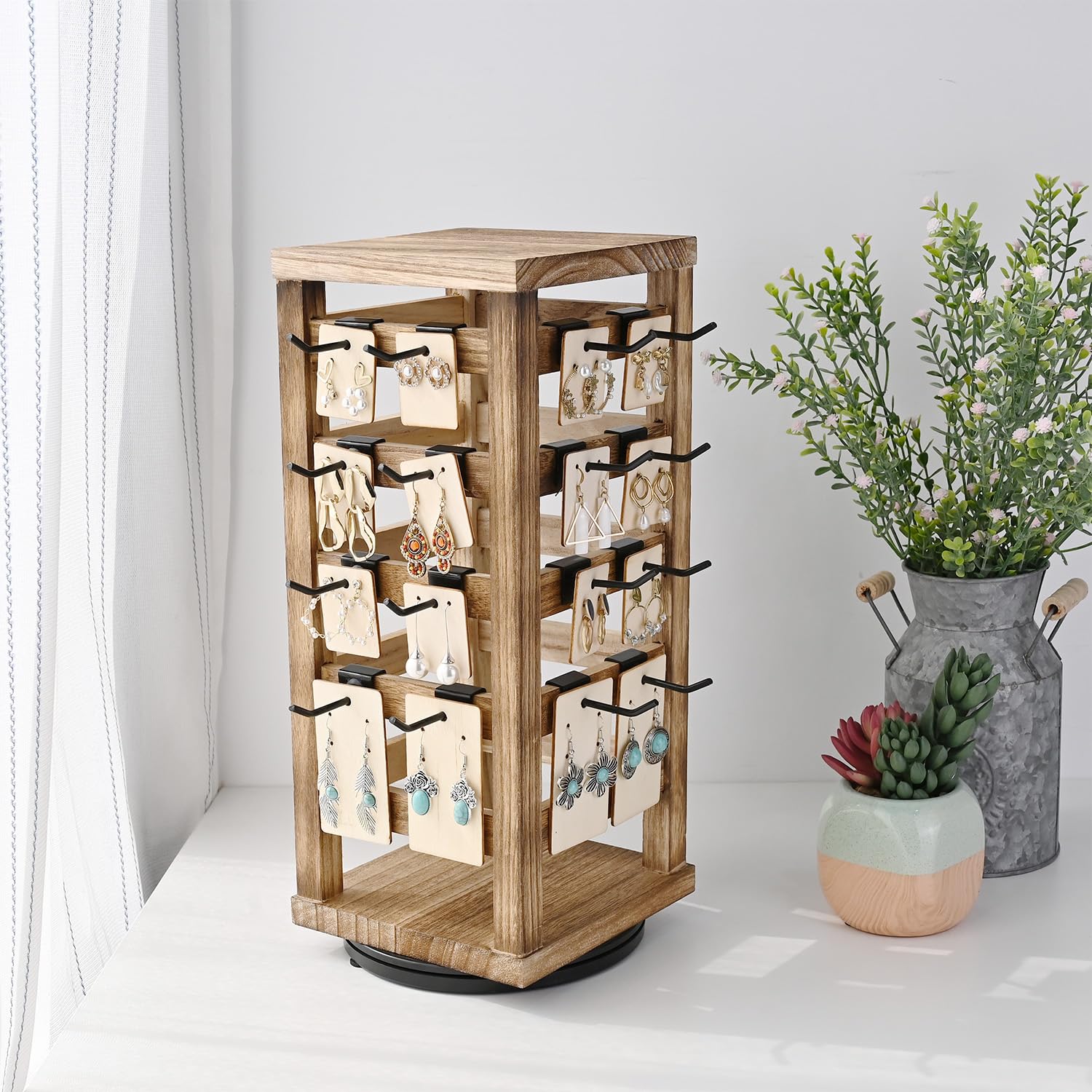 Ikee Design Wood Rotating Jewelry Display Stand with 42 Removable Hooks - 5-Tier Earring Organizer in Oak Finish for Boutique, Home & Retail Store Display