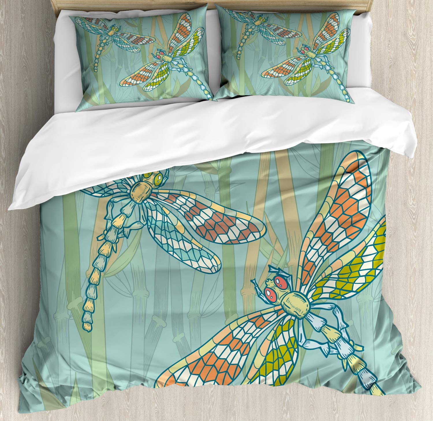 Ambesonne Dragonfly Duvet Cover Set - King Size 2-Piece with 4 Pillowcases | Nature-Inspired Exotic Art Design with Giant Doodle Dragonfly on Lake | Almond Green Bedding for Modern & Bohemian Bedrooms
