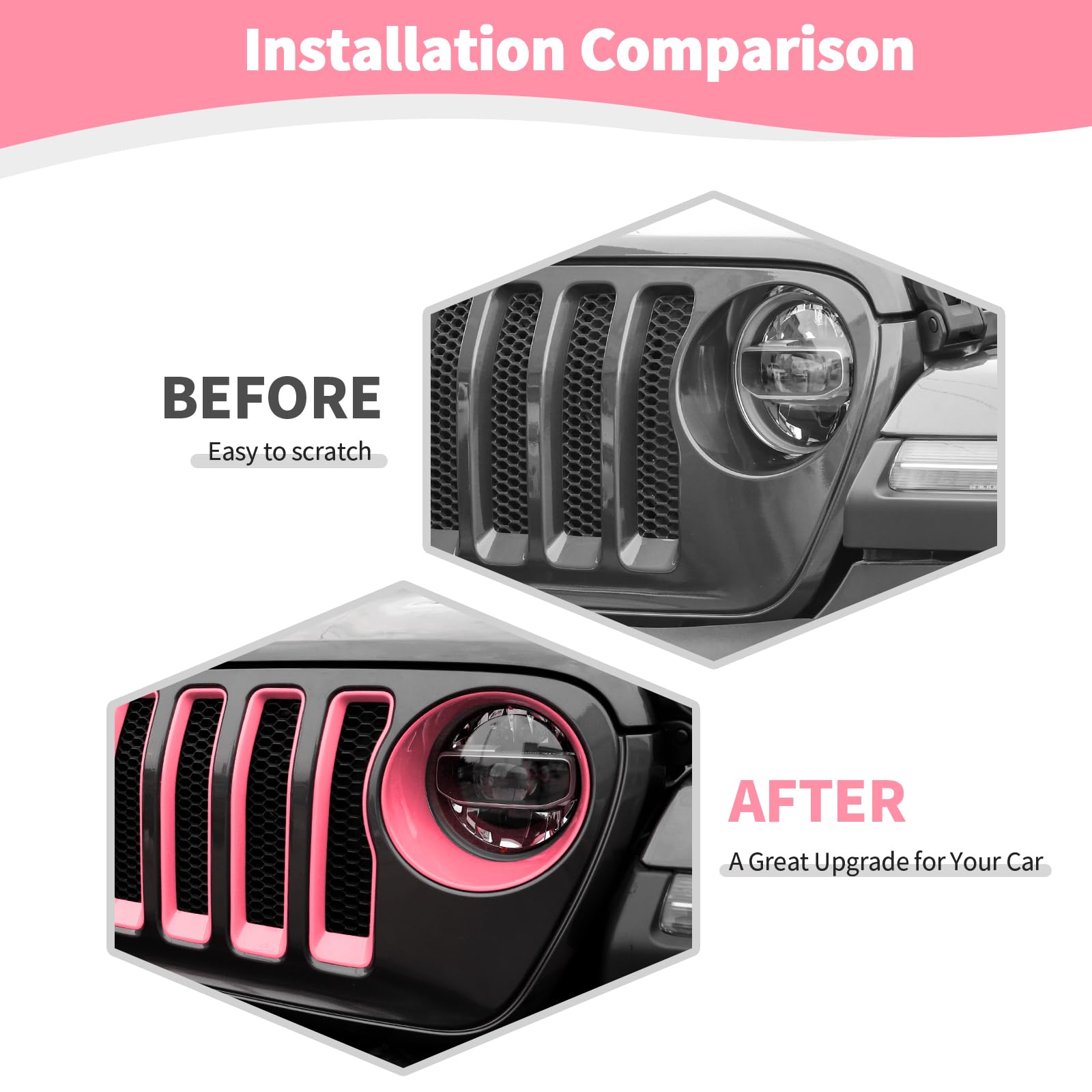 RT-TCZ Pink Mesh Front Grille Insert & Headlight Cover Trim Kit for Jeep Wrangler JL/JLU (2018-2022) - 9-Piece Exterior Accessories Set for Off-Road Protection & Style Enhancement
