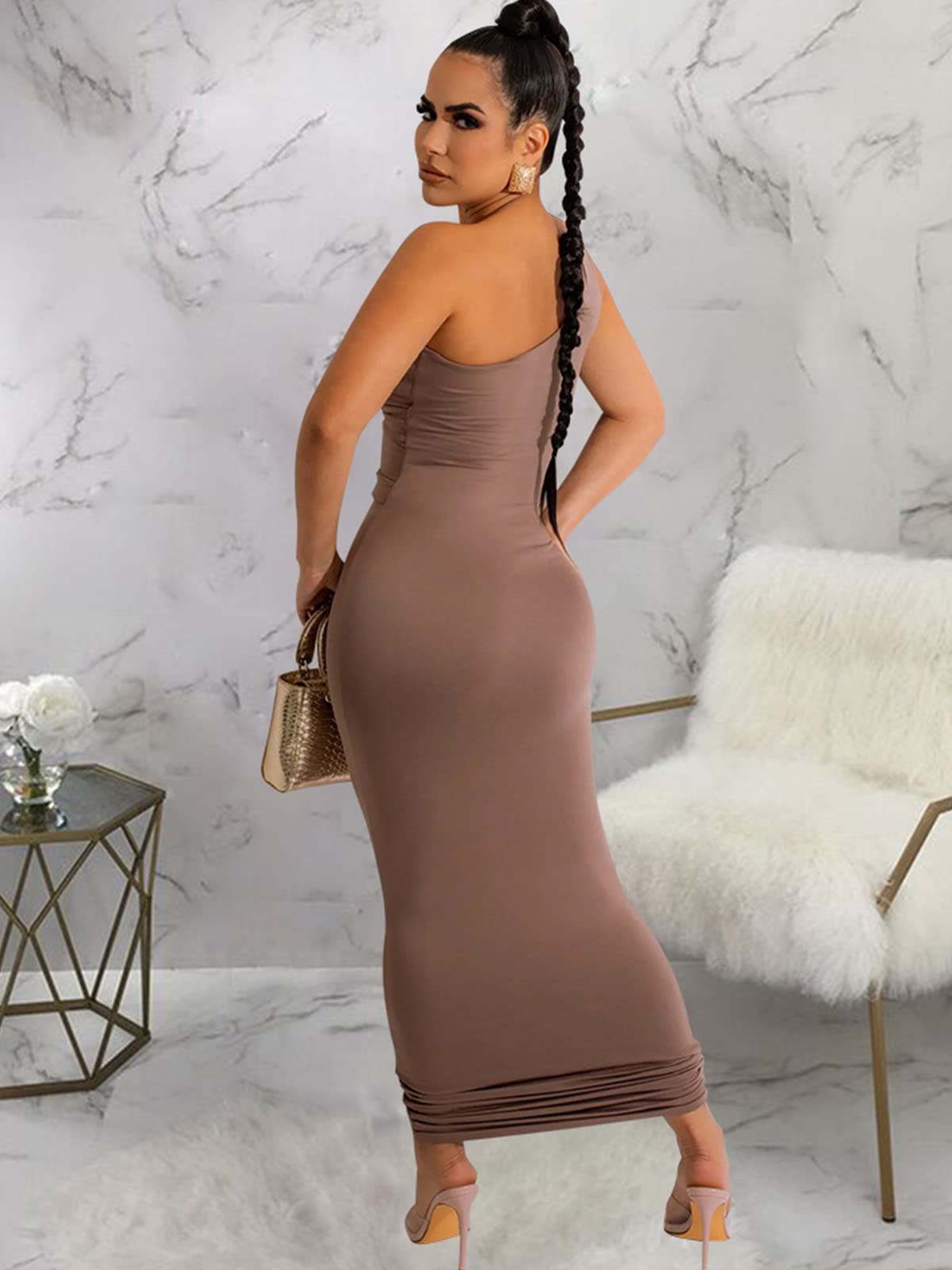2024 Summer Women's One Shoulder Cut Out Maxi Dress - Sexy Bodycon Sleeveless Ruched Long Dress for Club, Birthday Party & Night Out | Beach Vacation, Date Night & Special Occasion Outfit