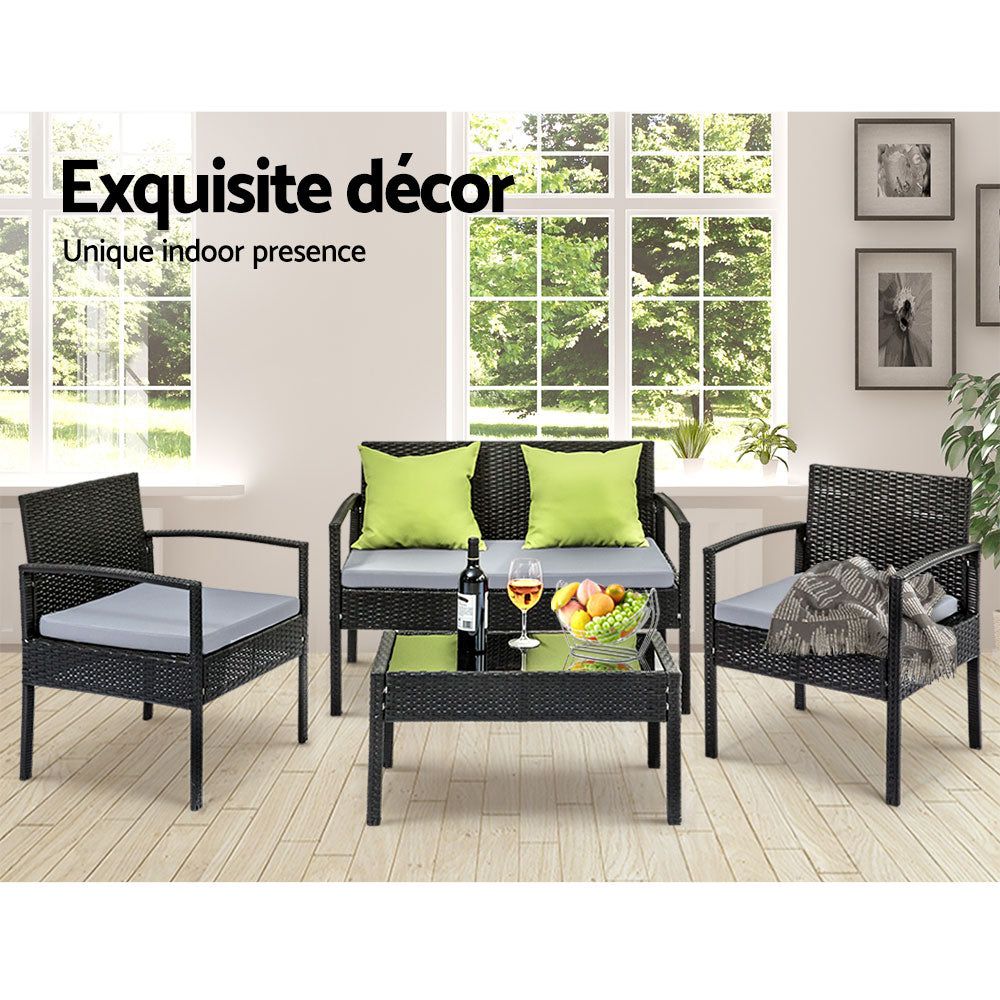 4-Seater Outdoor Wicker Sofa Set with Table and Cushions - Patio Garden Furniture for Lounge, Bistro & Backyard Relaxation - Black Rattan Furniture