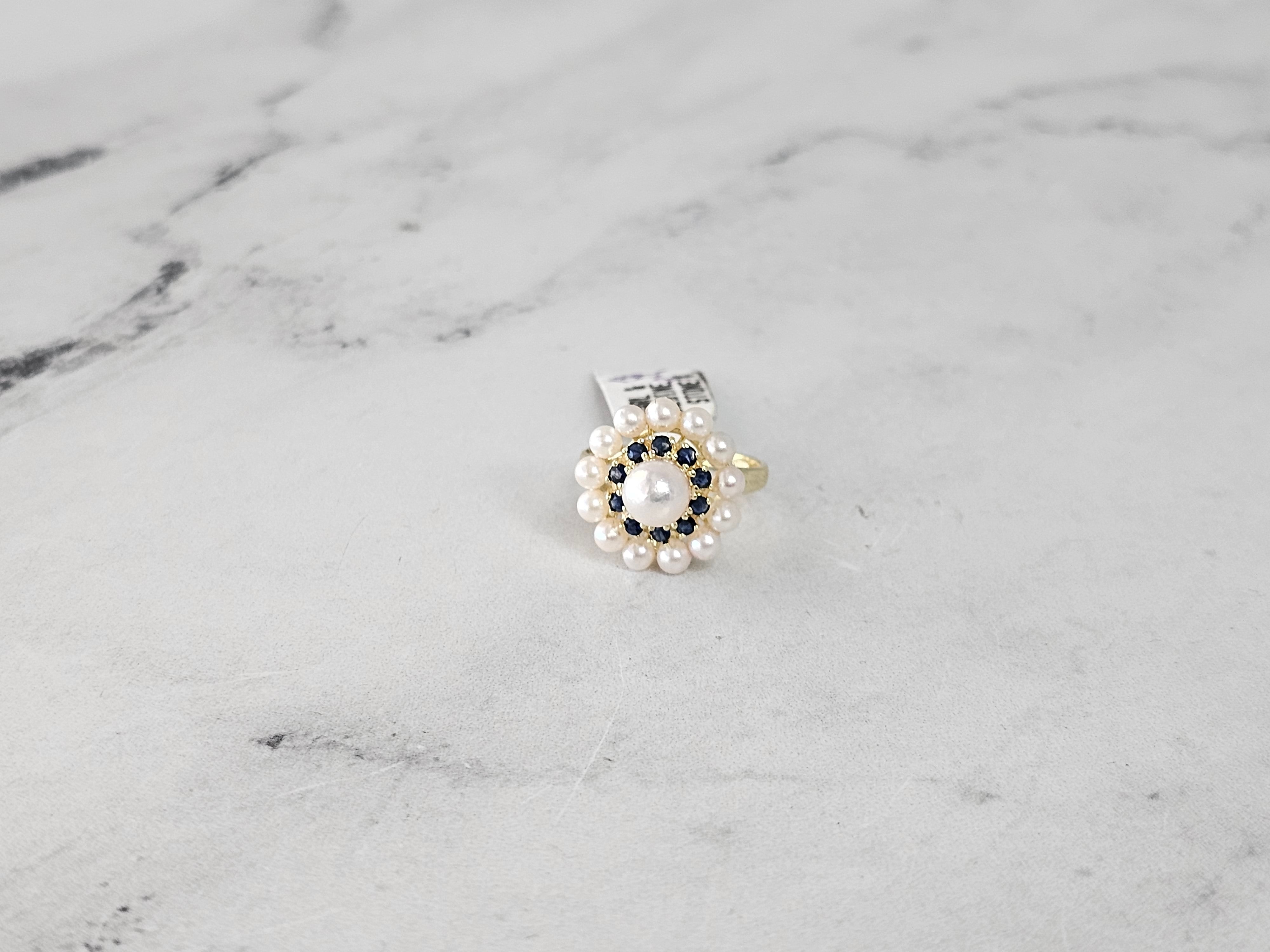 14K Yellow Gold Sapphire & Pearl Double Halo Engagement Ring - Elegant Bridal Jewelry for Weddings, Anniversaries & Special Occasions