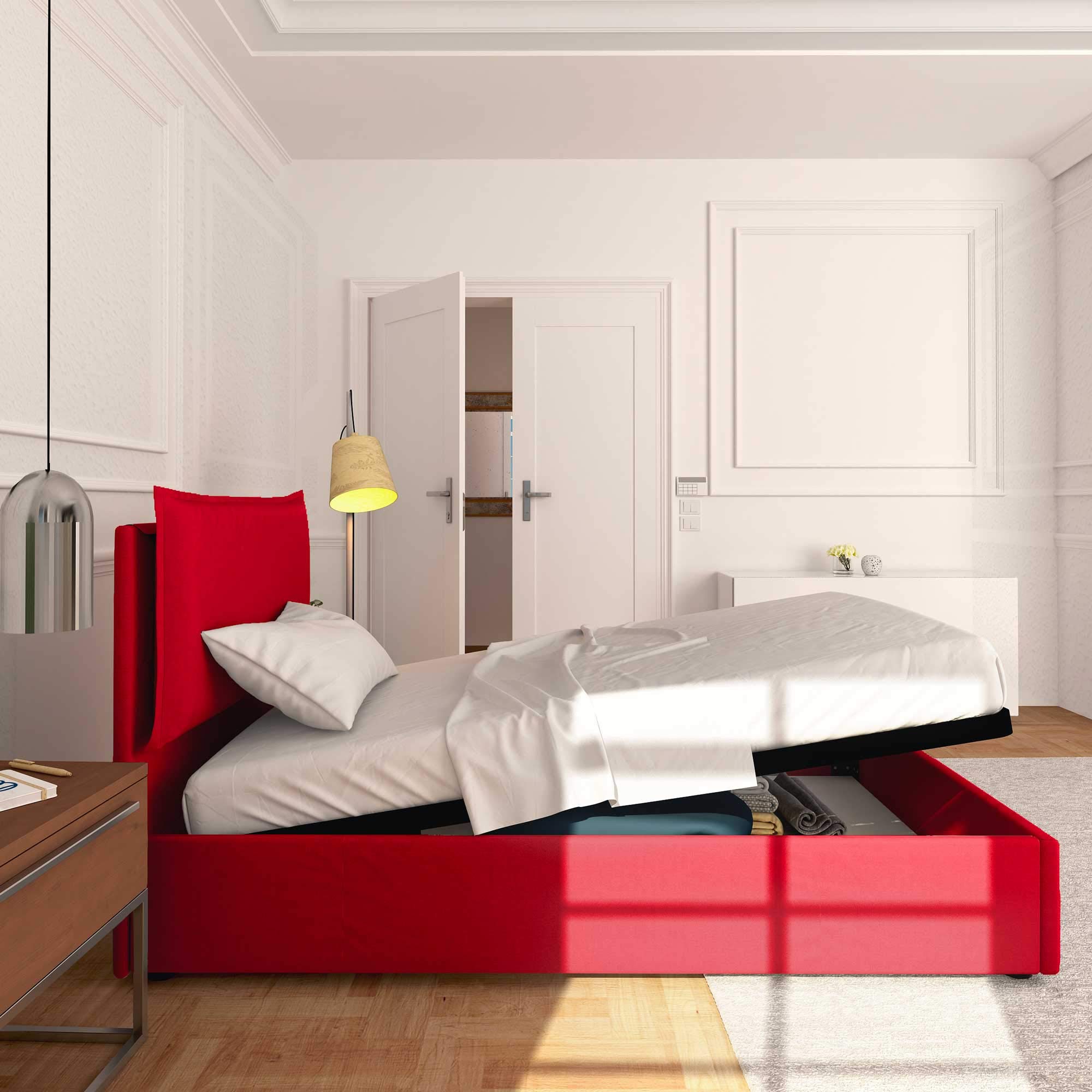 Baldiflex Square and Half Bed with Storage - Licia Model Synthetic Leather Upholstery, Slatted Base for Square and Half Mattresses, 120 x 190 cm, Finely Padded Headboard, Red - Perfect for Small Bedrooms, Guest Rooms & Modern Apartments