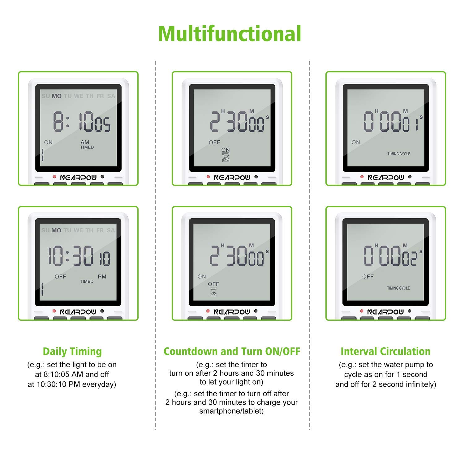 NEARPOW Smart Outlet Timer - 7-Day Programmable Digital Timer with Countdown & Infinite Short Cycle, 3/19 ON/Off Settings, 15A/1800W 3-Prong Plug - Perfect for Christmas Lights, Aquariums, Grow Lights & Home Automation