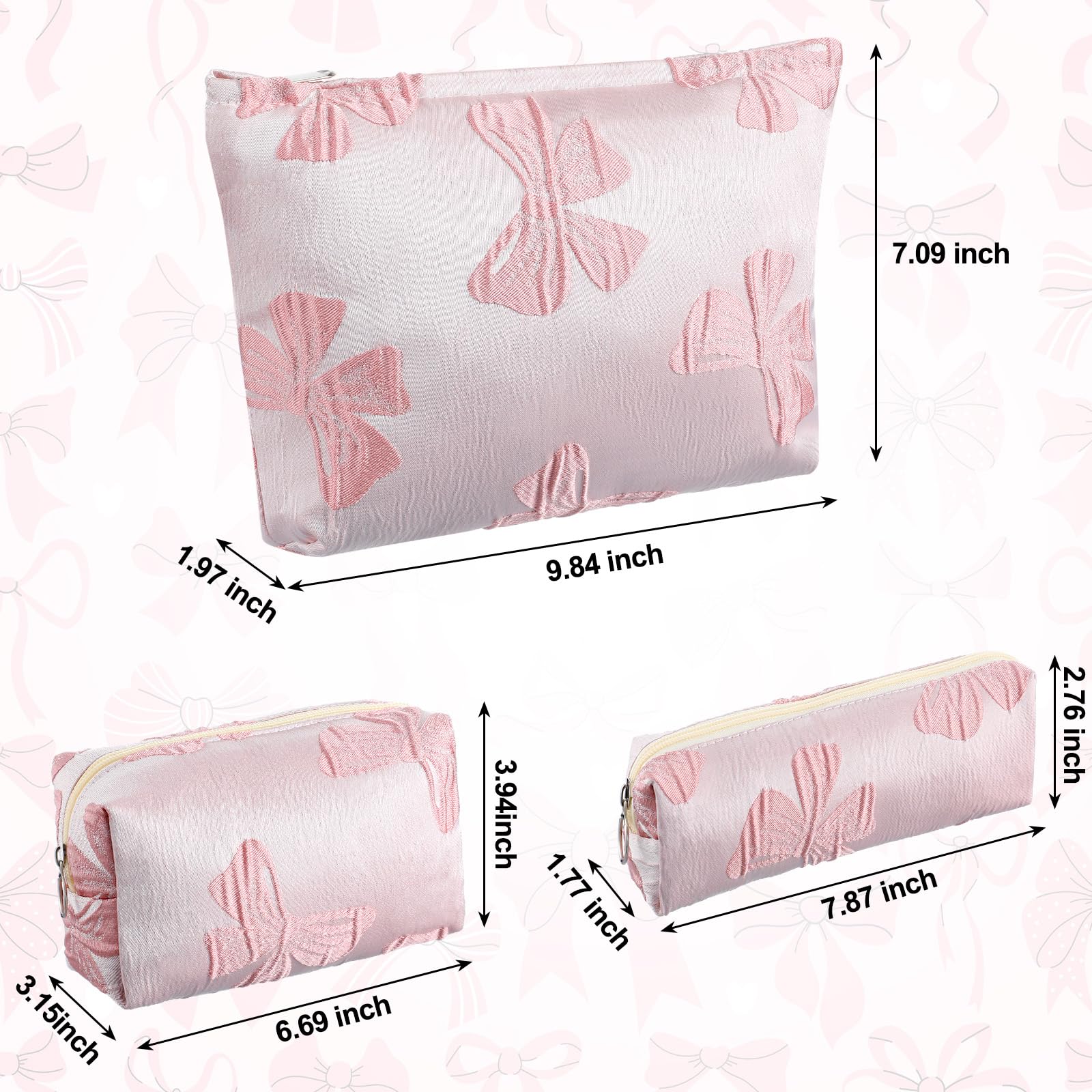 Reginary 3-Piece Pink Bow Makeup Bags Set - Cute Travel Cosmetic & Toiletry Organizer for Women (3 Sizes) - Perfect for Travel, Gym, and Daily Beauty Storage | Coquette Gift Accessories
