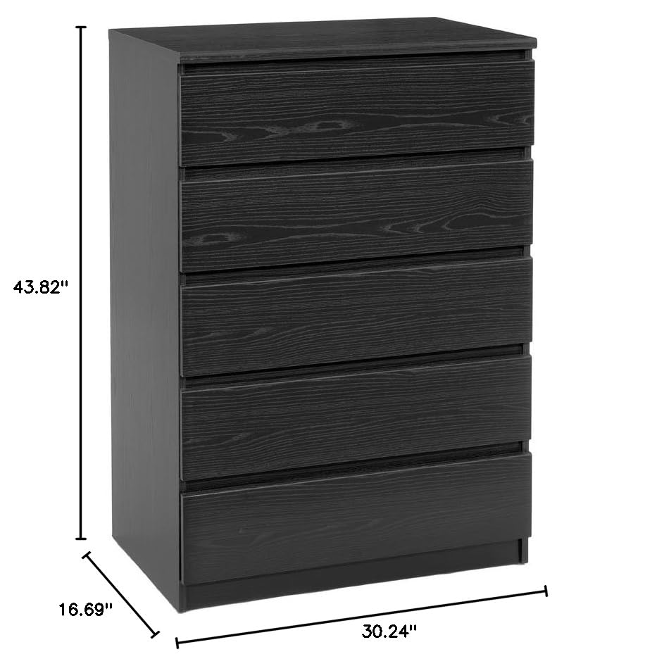 Tvilum Scottsdale 5-Drawer Chest Dresser - Black Wood Grain Finish - Modern Bedroom Storage Furniture for Home Organization