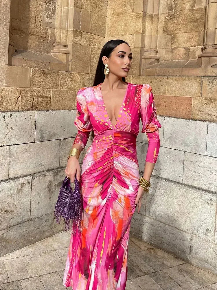 Vintage Tye Dye Print Pleated Bodycon Maxi Dress for Women - Long Sleeve V-Neck A-Line Party Dress - Perfect for Holiday Celebrations, Festivals, and Evening Events