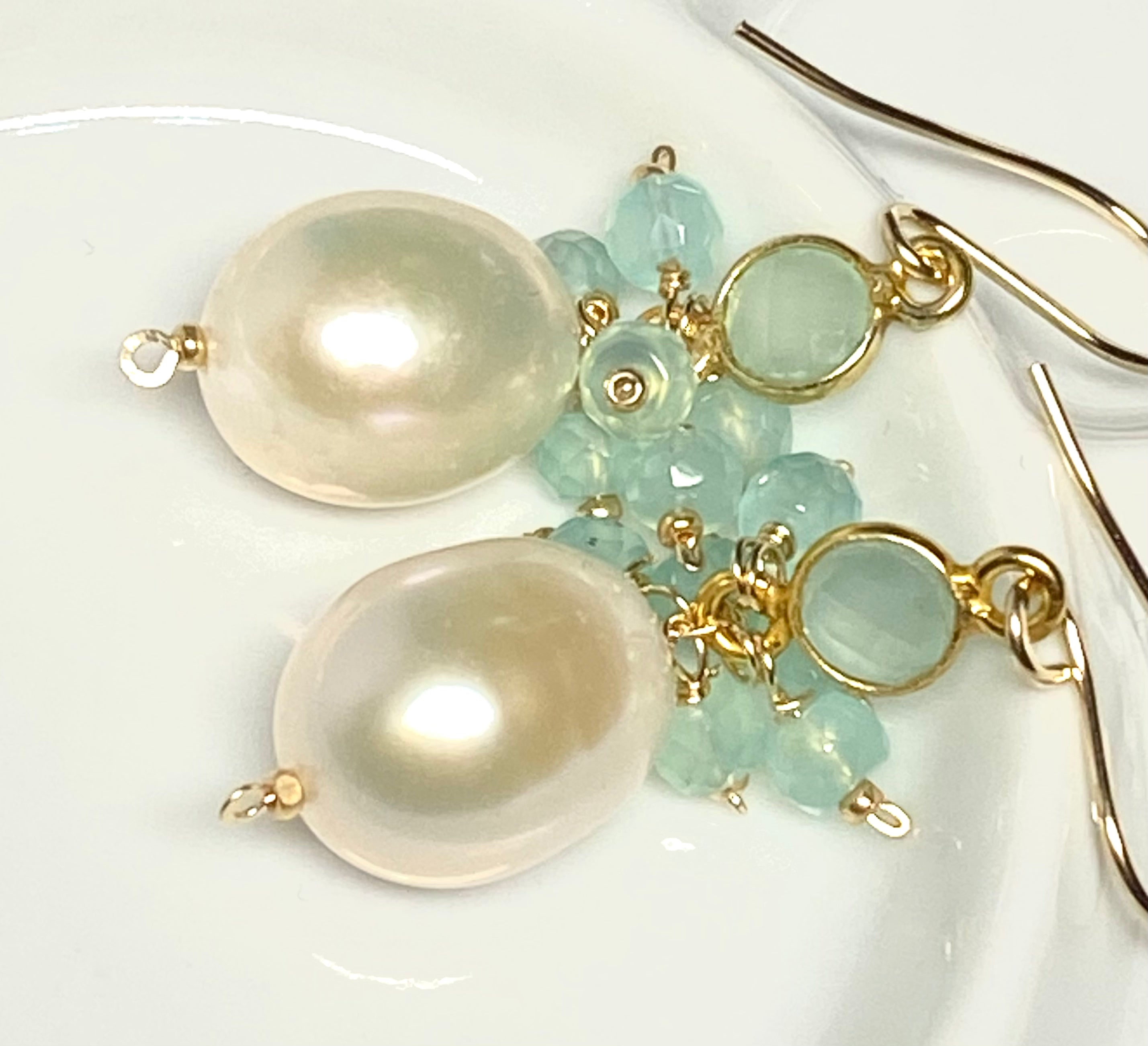 Elegant Pearl & Gemstone Cluster Dangle Earrings with Aqua Accents - Perfect for Weddings, Parties & Special Occasions