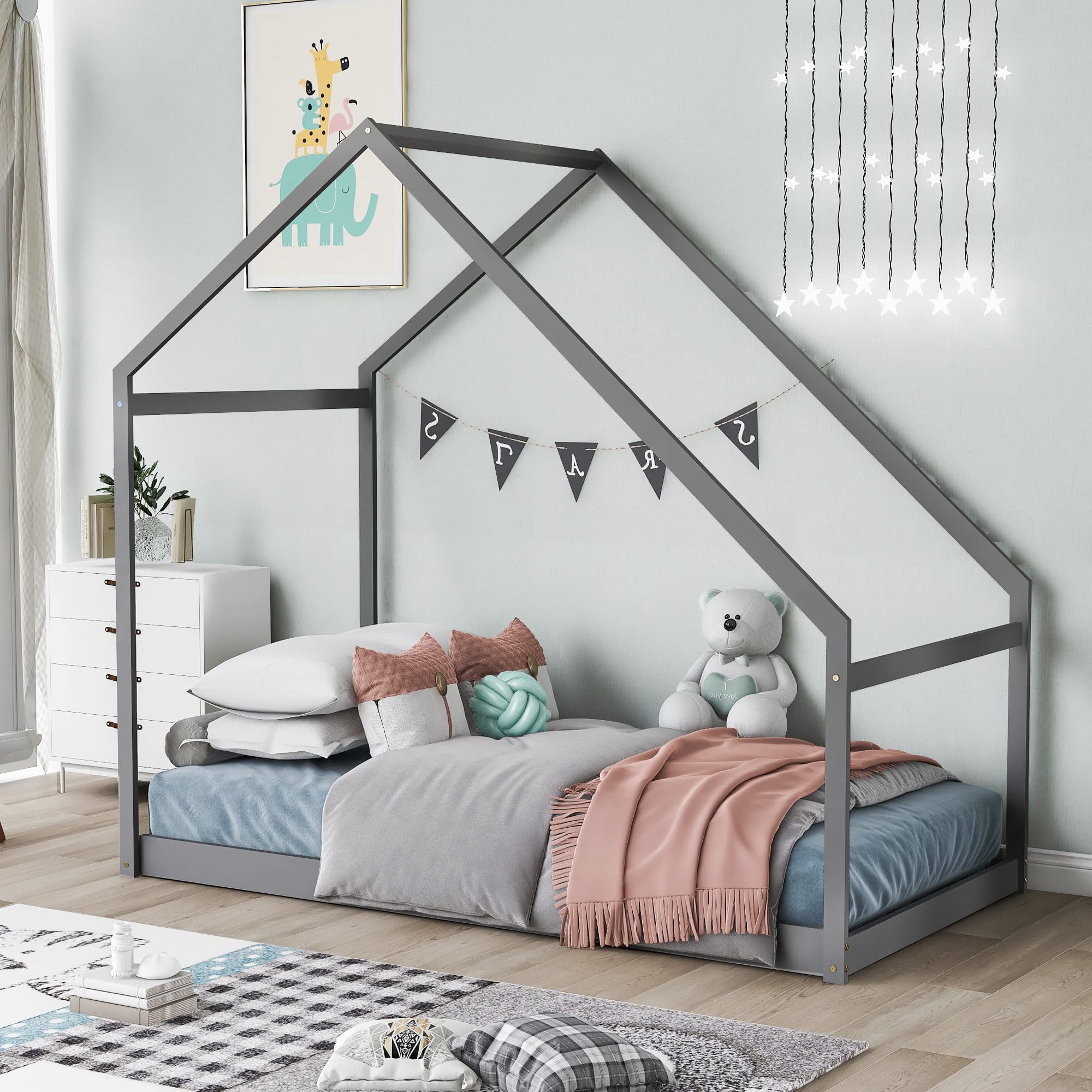 Wood Twin Bed Frame for Kids - Playhouse Design Montessori Floor Bed, No Box Spring Needed - Perfect for Boys & Girls Bedrooms, Playrooms & Montessori Learning Spaces