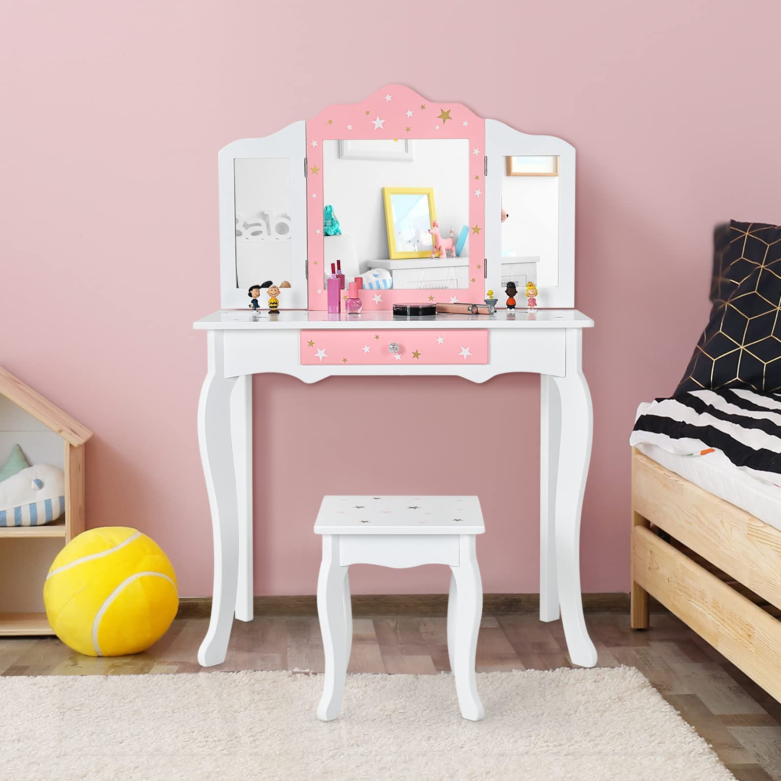 HONEY JOY Kids Vanity Set - Wooden Princess Makeup Dressing Table with Stool, Drawer & Tri-Folding Mirror | Detachable Top for Easy Storage | Pretend Play Toy for Little Girls (White) | Perfect for Bedroom, Playroom & Birthday Gifts