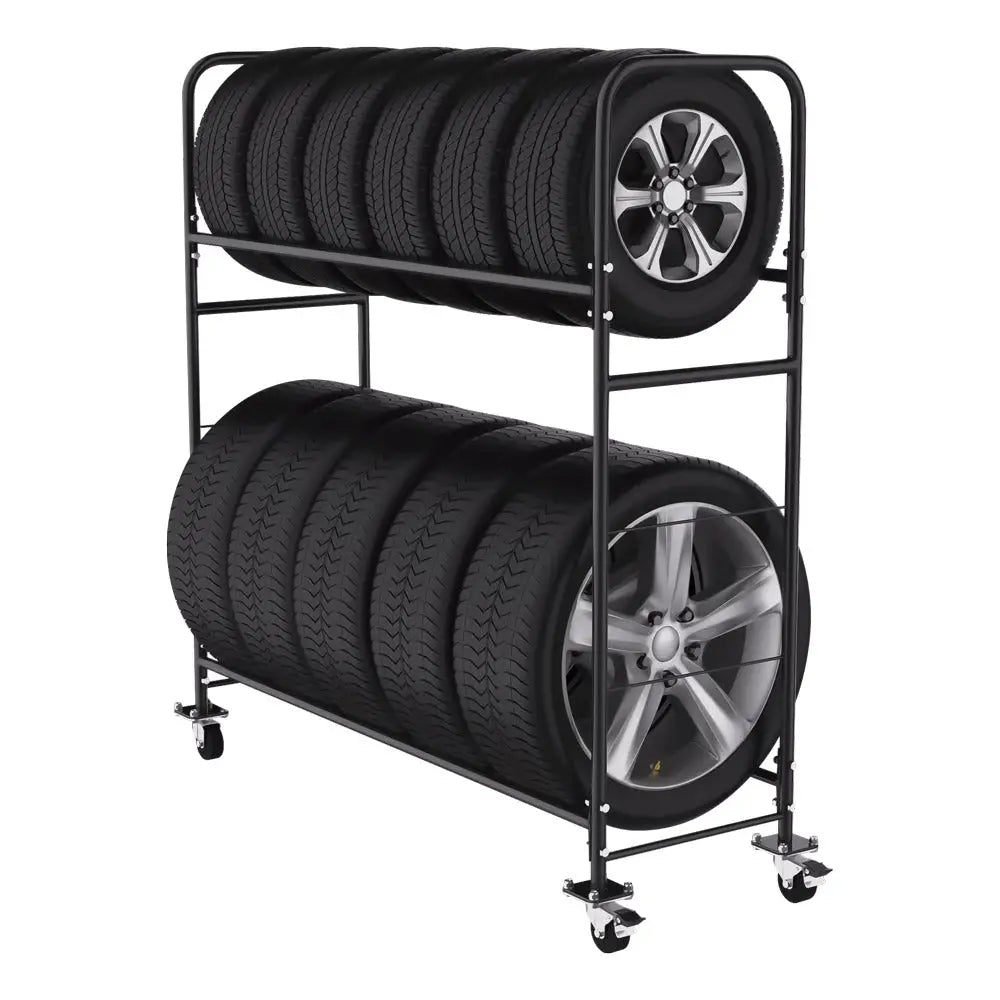 AA 12-Tier Heavy Duty Adjustable Height Tire Rack with Locking Caster Wheels & Protective Cover - Perfect for Garage, Warehouse, and Auto Shop Storage