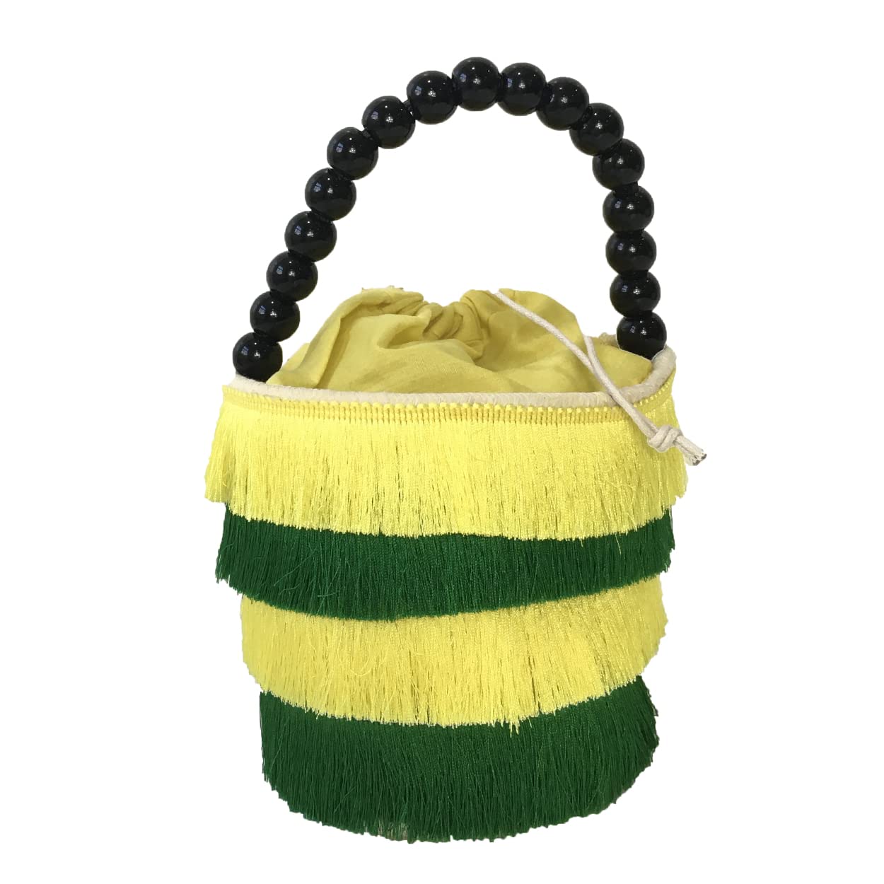 Fashion Culture Cora Striped Fringe Beaded Top Handle Mini Bucket Bag for Women | Trendy Bohemian Crossbody Purse | Perfect for Parties, Festivals & Date Nights