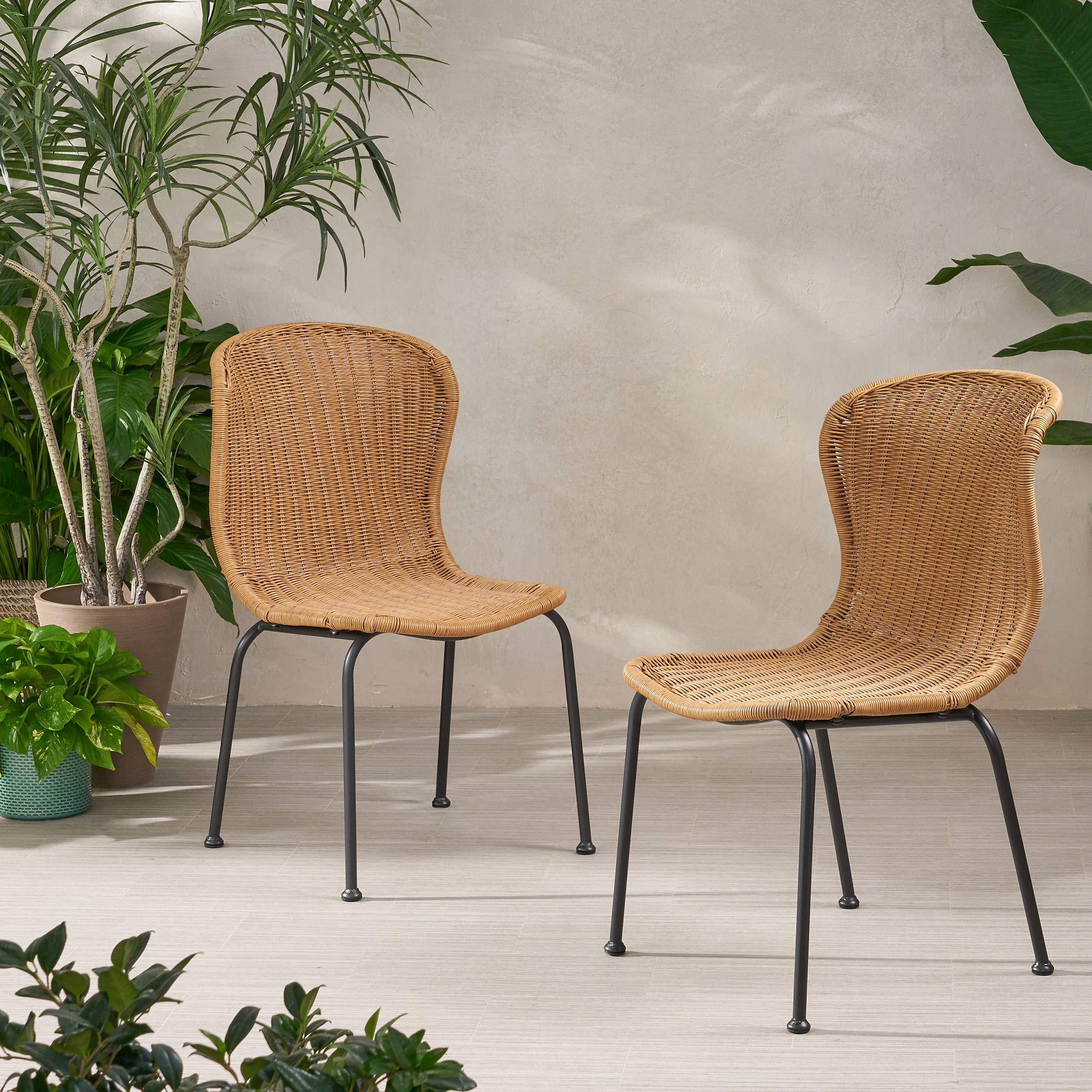 Christopher Knight Home Dinah Outdoor Wicker Dining Chairs (Set of 2) - Light Brown & Black - Weather-Resistant Patio Furniture for Garden, Poolside, and Backyard Dining
