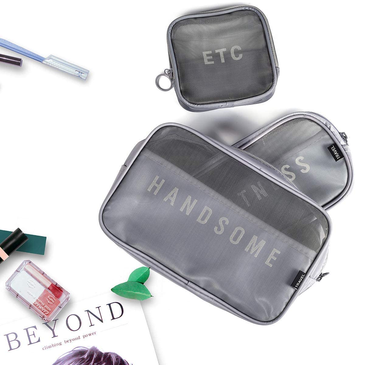 Jarvis Set of 3 Mesh Cosmetic Organizer Makeup Bags - Travel Toiletry Kit for Men & Women (Grey) - Perfect for Bathroom, Vanity & Suitcase Organization