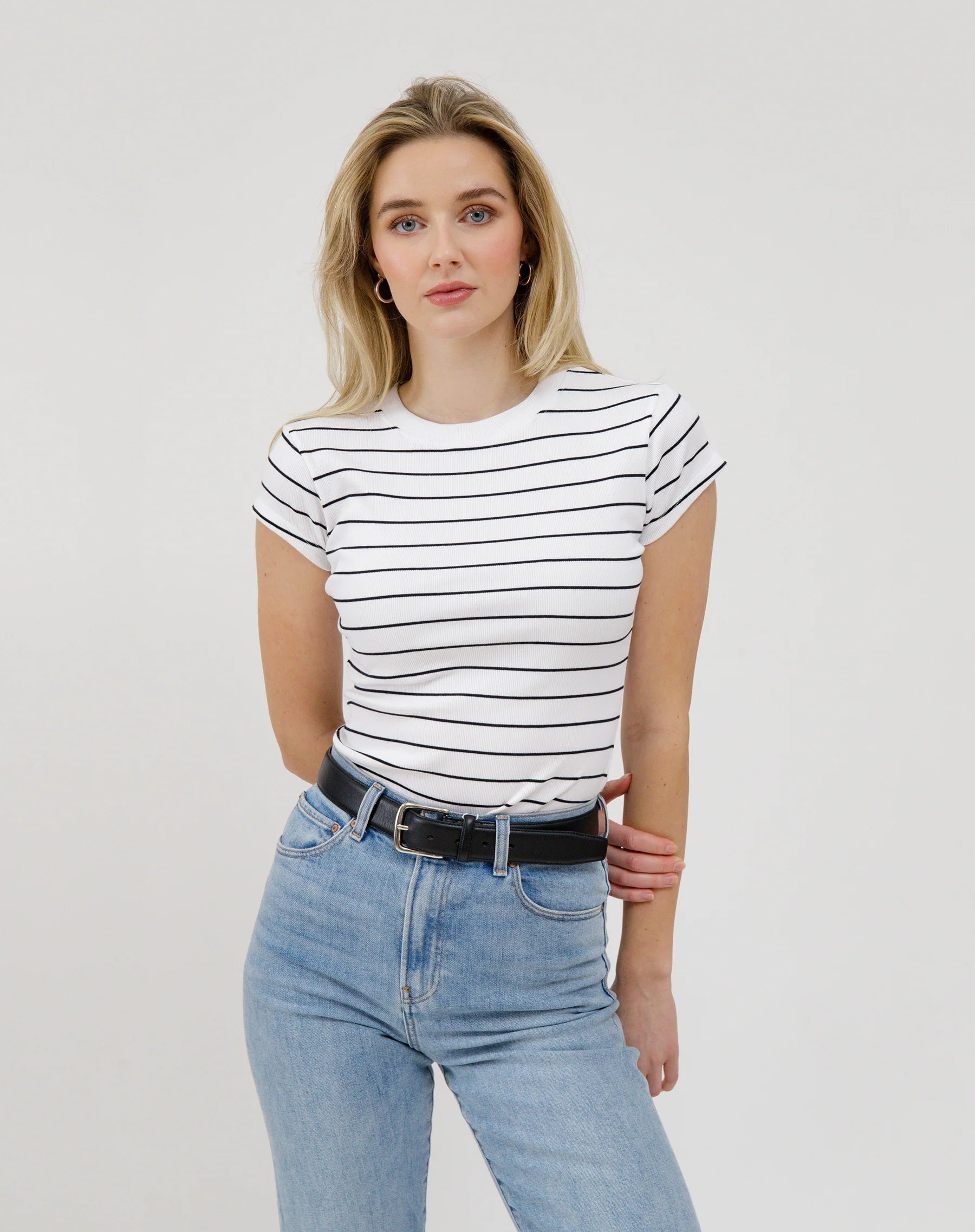 Brunette the Label Ribbed Fitted Cap Sleeve Top - Women's Stretchy Slim Fit T-Shirt for Casual Wear, Work & Date Nights