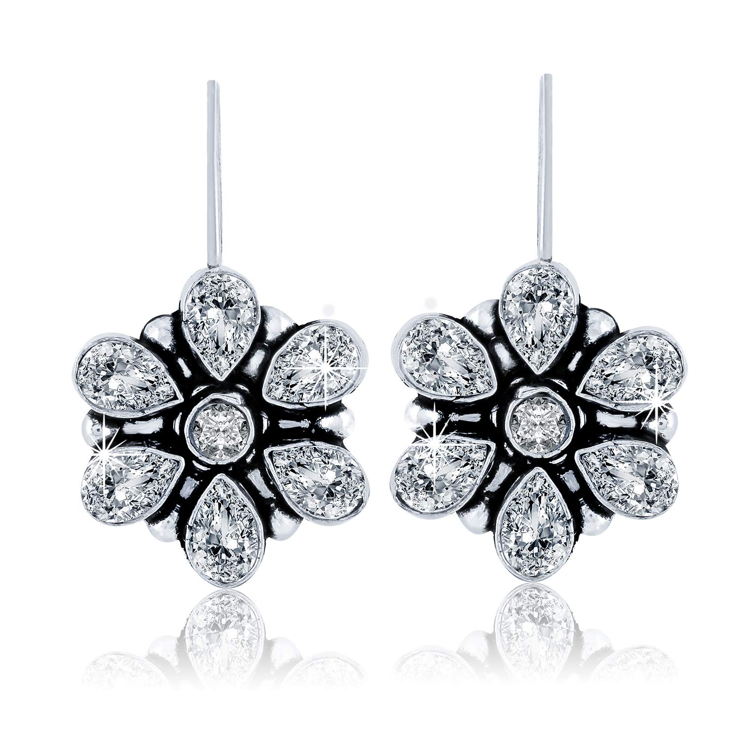 Oxidized Silver Floral Drop Earrings for Women – White Stone Studded Traditional German Silver Jewelry | Elegant Yellow Chimes Dangle Earrings for Girls & Women | Perfect Birthday Gift, Anniversary Present for Wife | Ideal for Parties, Weddings & Casual Wear