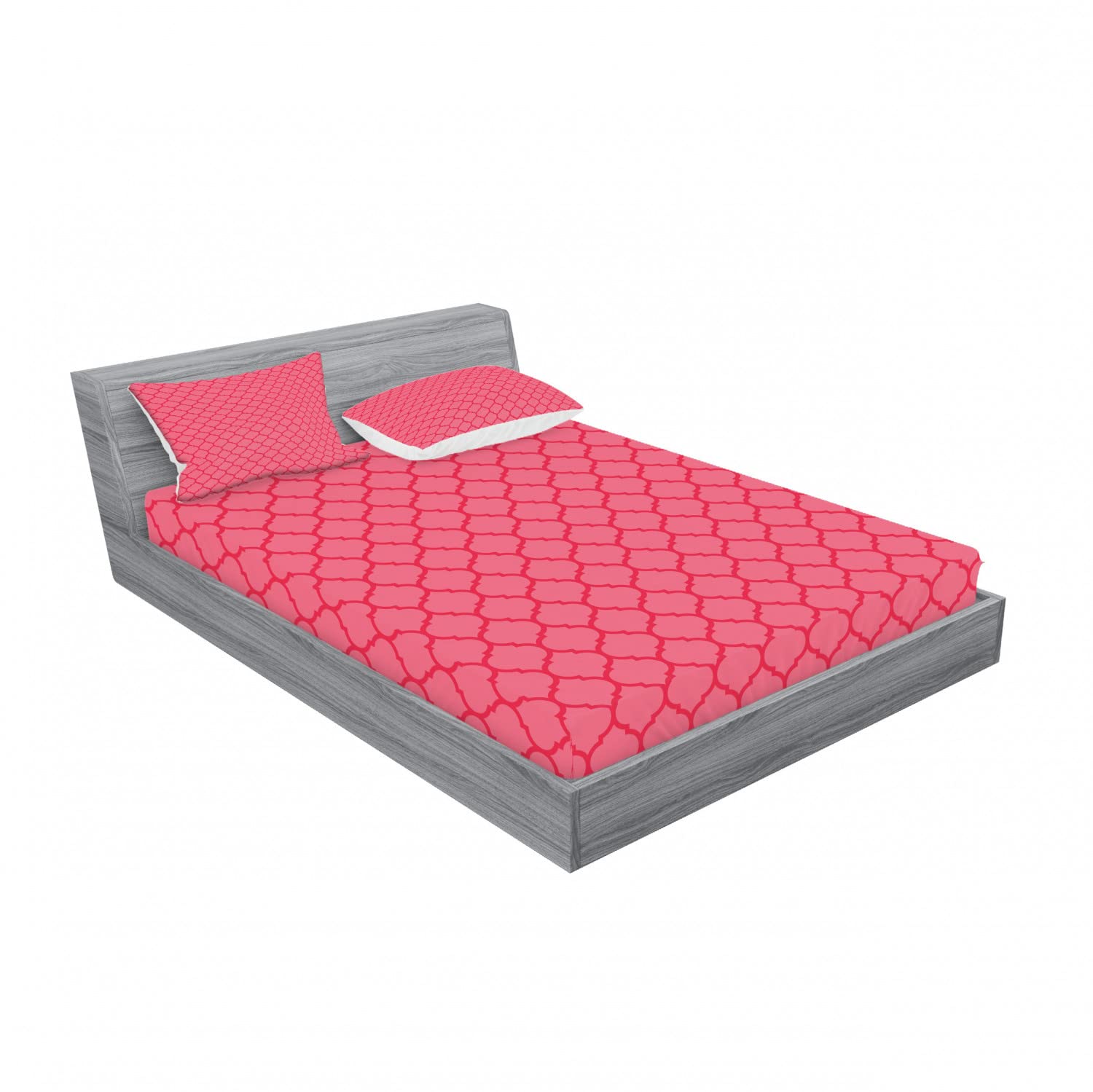 Ambesonne 2-Piece Coral Queen Fitted Sheet Set with 4 Pillow Shams - Antique Quatrefoil Pattern Bedding Decor in Coral & Red | Luxury Bedroom Upgrade for Guest Rooms & Vacation Homes
