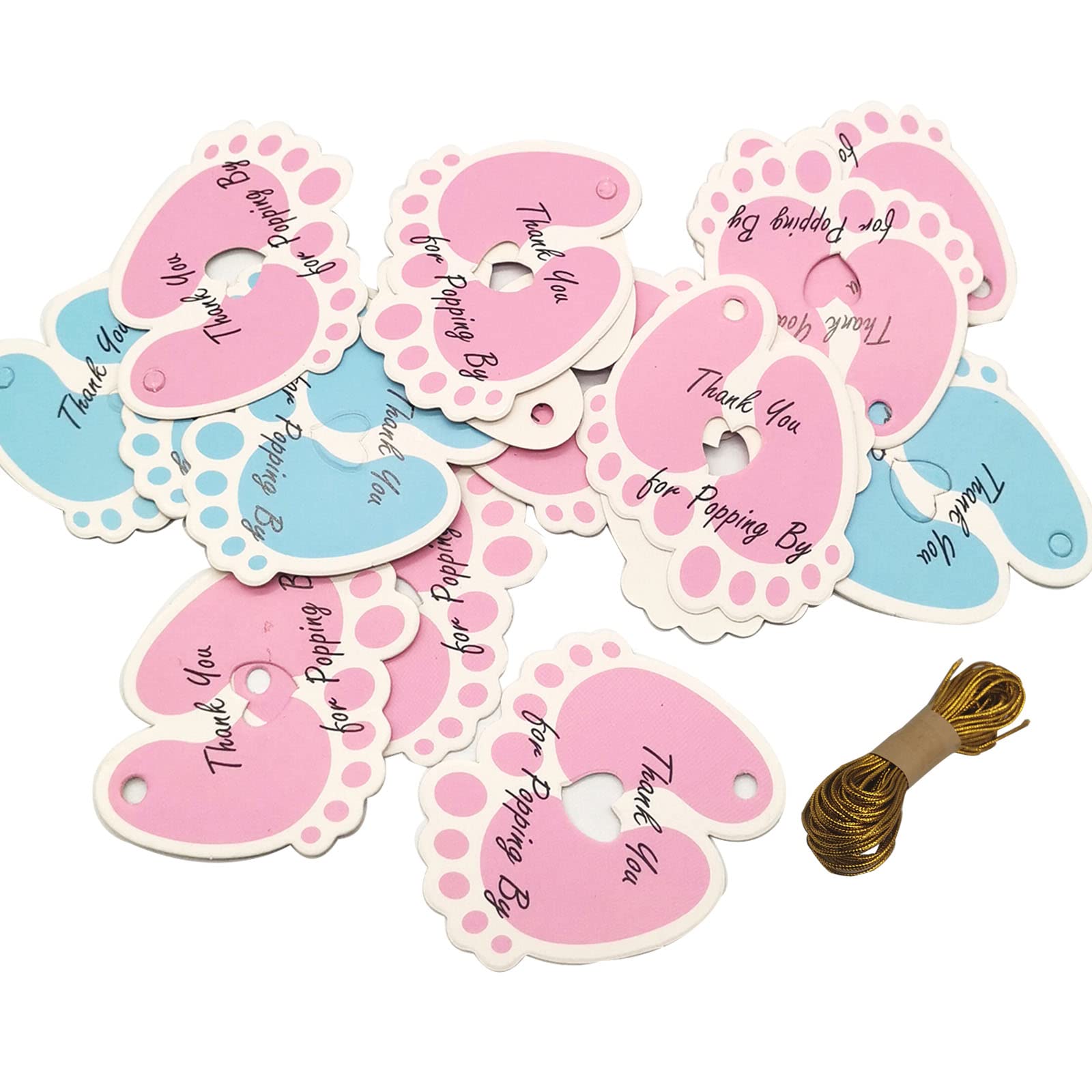 50 pcs Baby Shower Thank You Tags - Pink & Blue Gender Reveal Gift Tags with 10m Gold String - Perfect for Baby Shower Favors, Party Decorations & Newborn Celebration Gifts